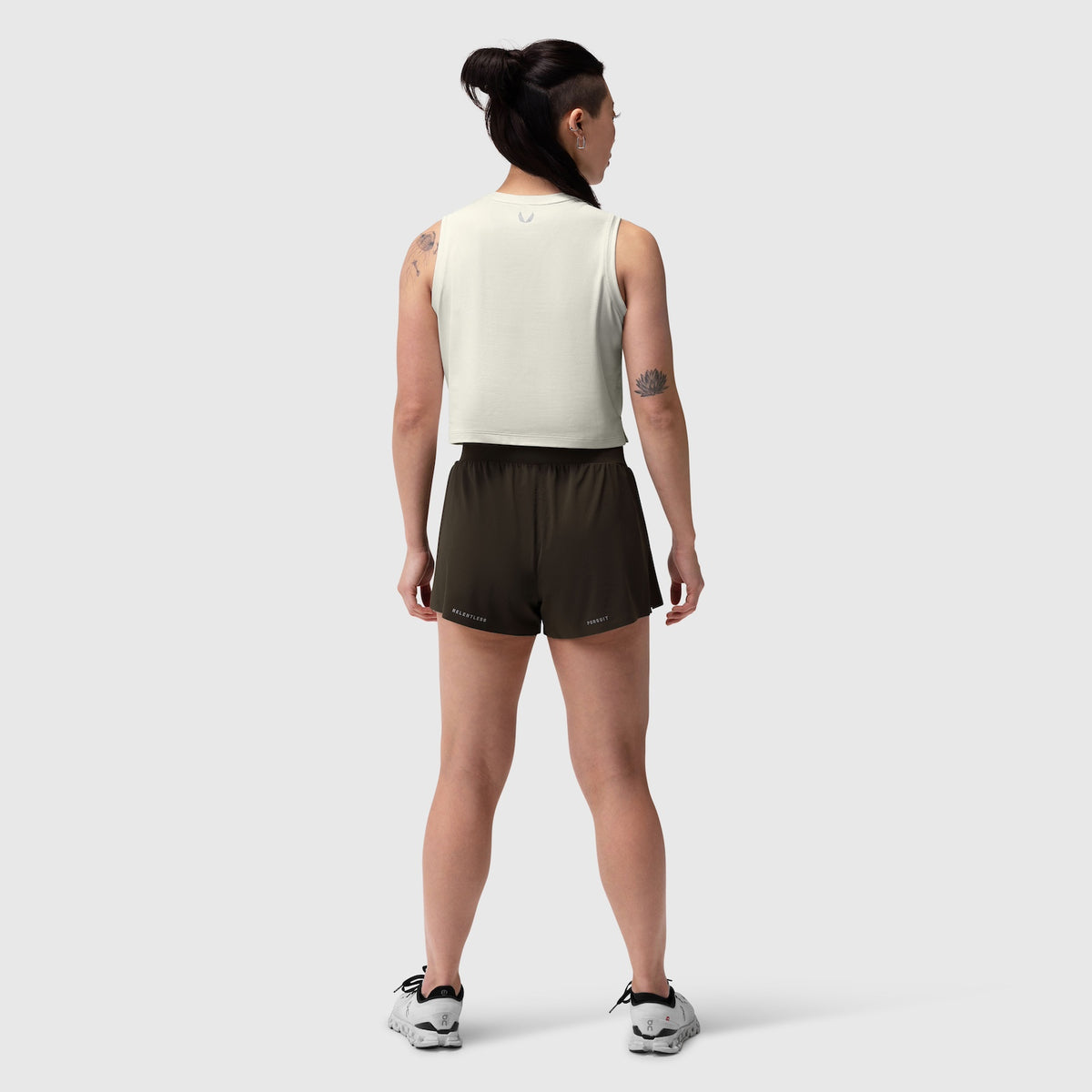 AeroSilver® Tank Top in Ivory Cream worn with black shorts, back view