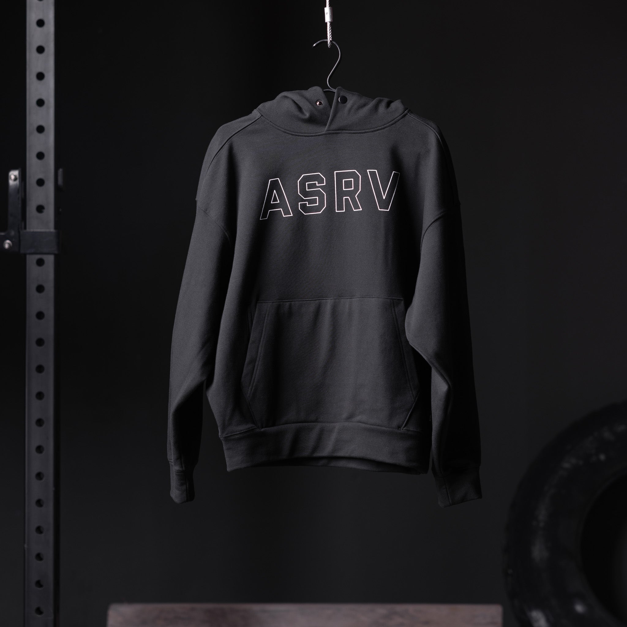 Flatlay Tech-Terry Zip Pocket Hoodie in black with ASRV outline logo, front view