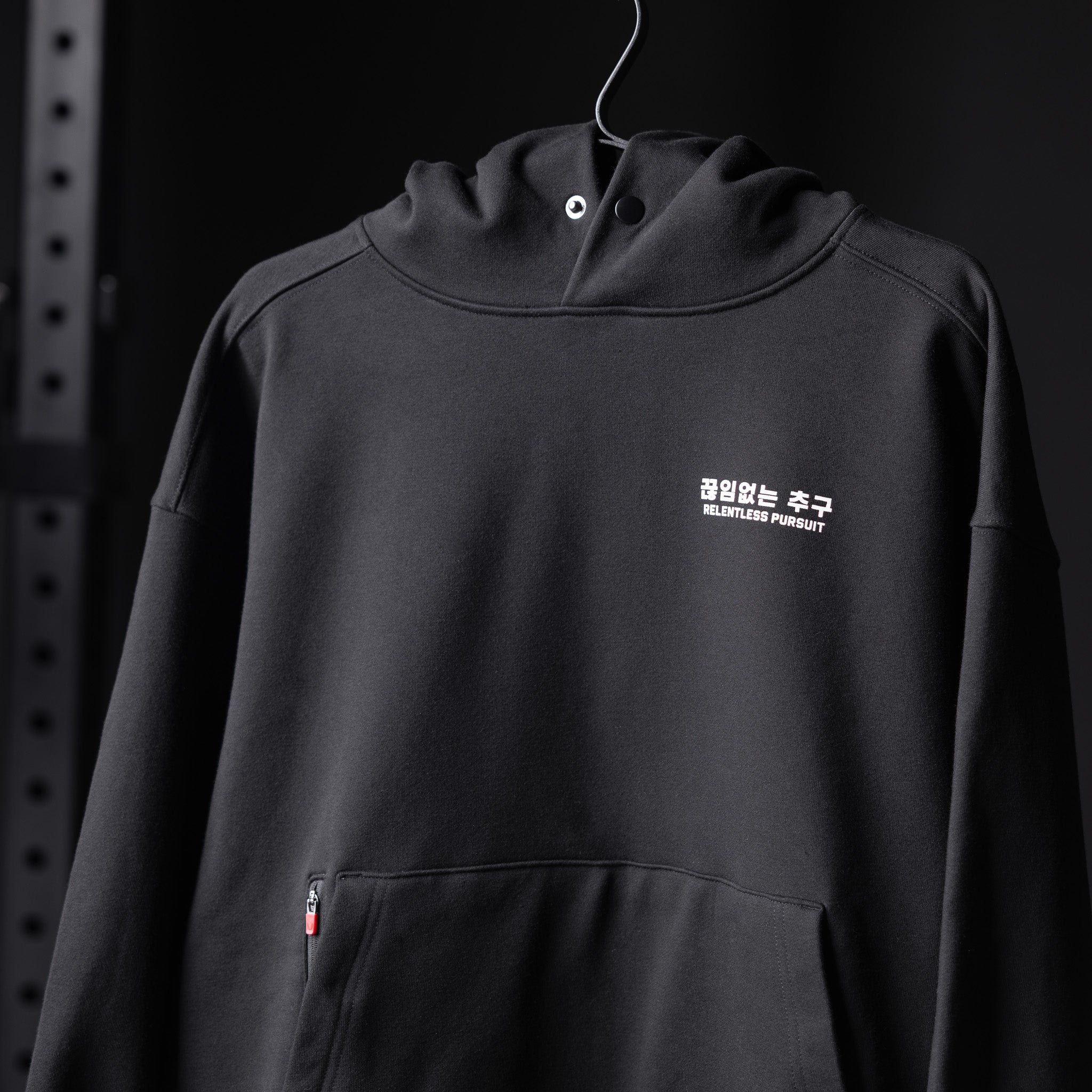 Flatlay Tech-Terry Zip Pocket Hoodie in black with Korean text graphic, front view
