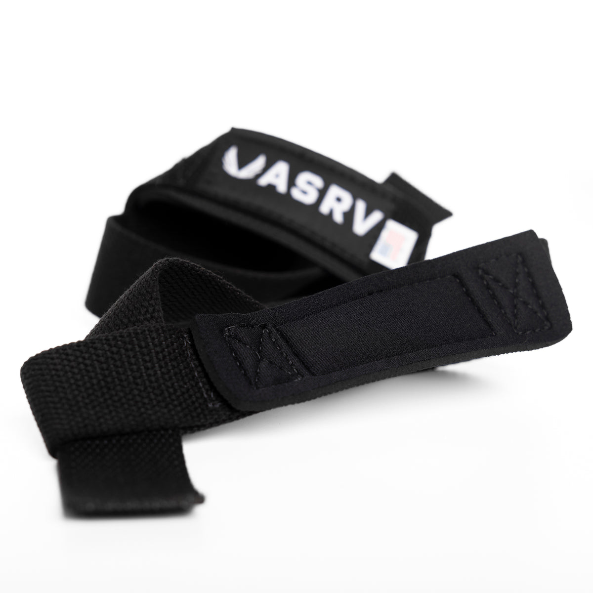 of black padded lifting straps with ASRV branding, overhead view