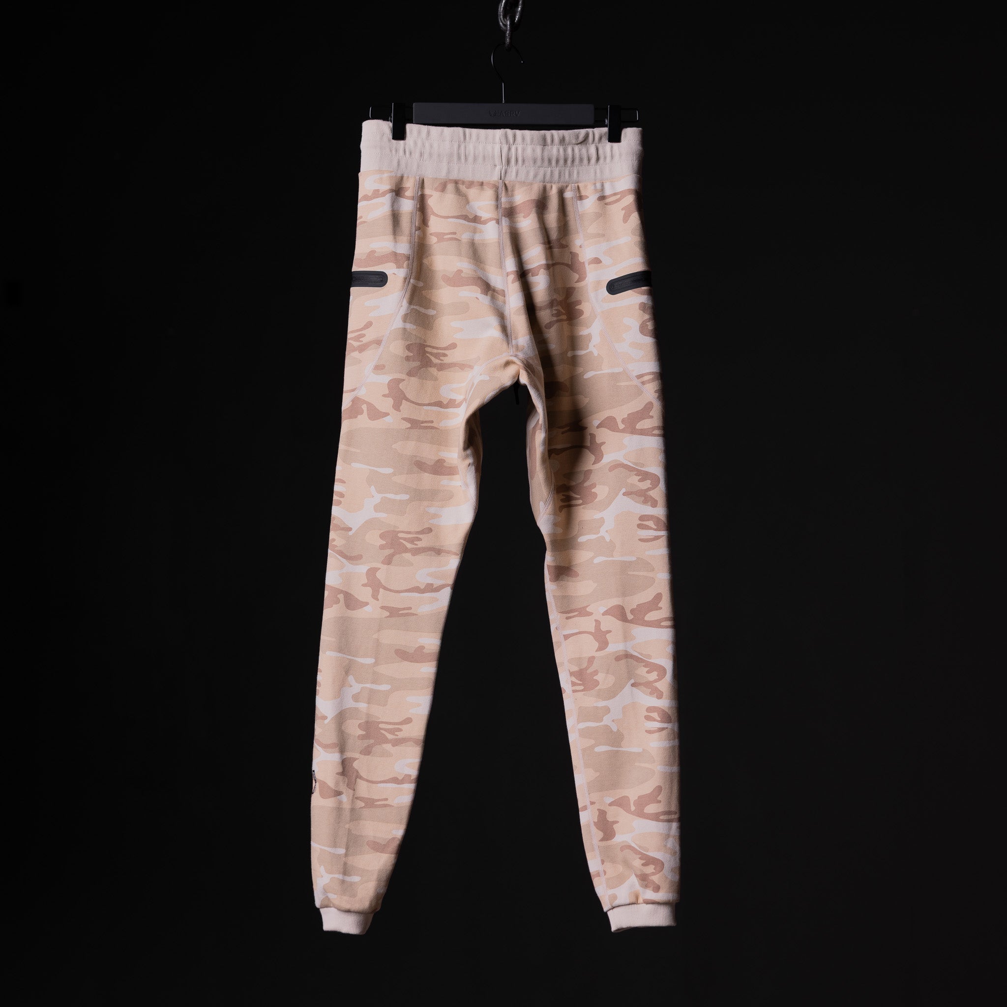 flatlay Sidelock Utility Jogger in desert camo with black side pockets, front view