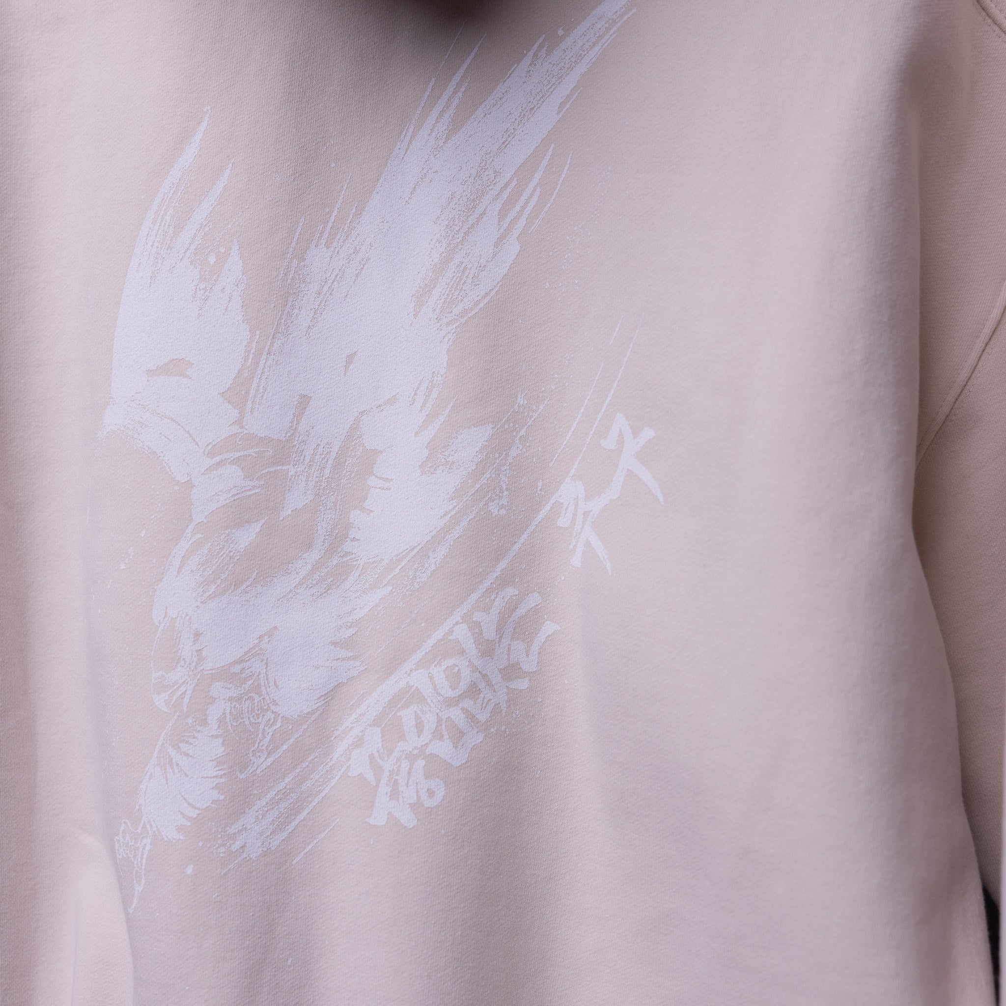 FA'22 Tech Terry Eagle Hoodie in light pink worn on model, showing graphic detail
