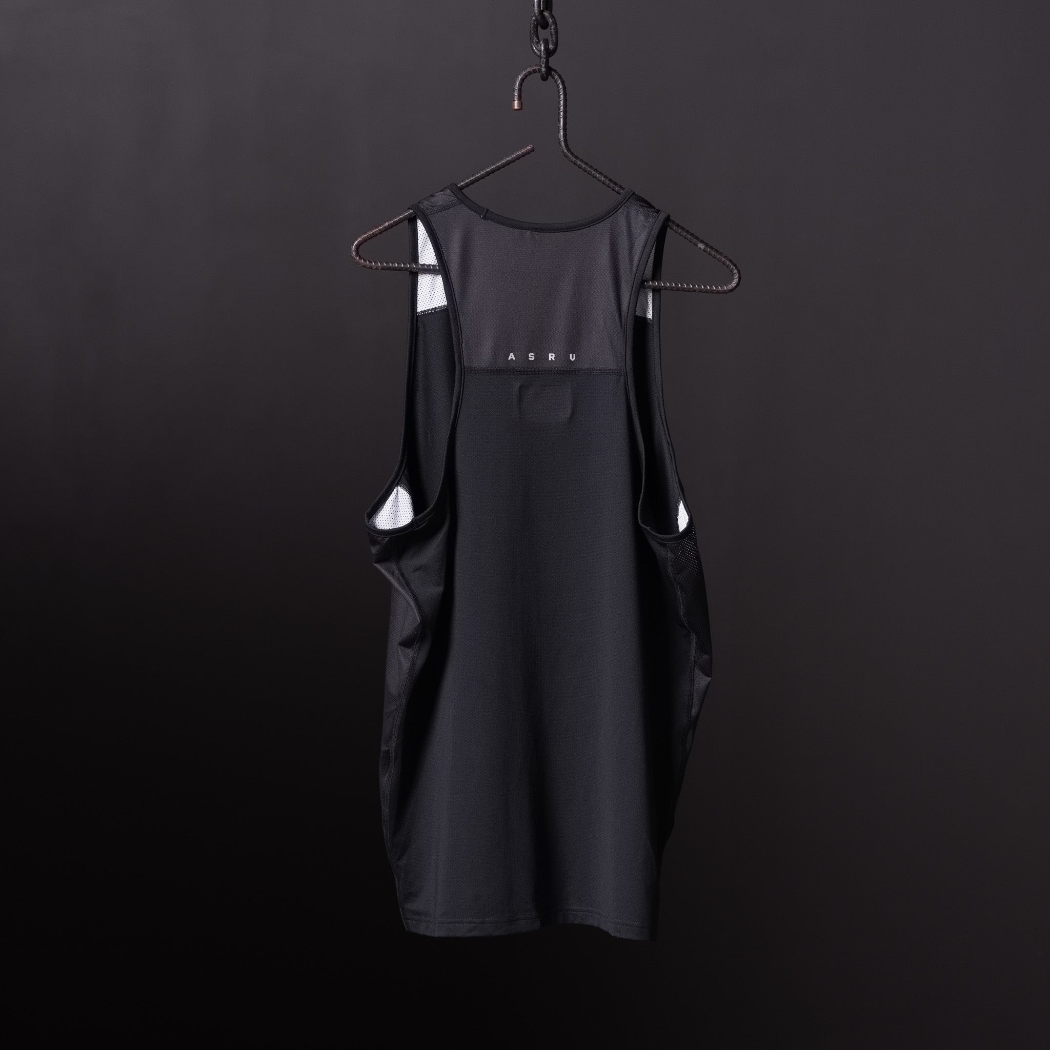 SM'19 Singlet Tank in black displayed on hanger against dark background