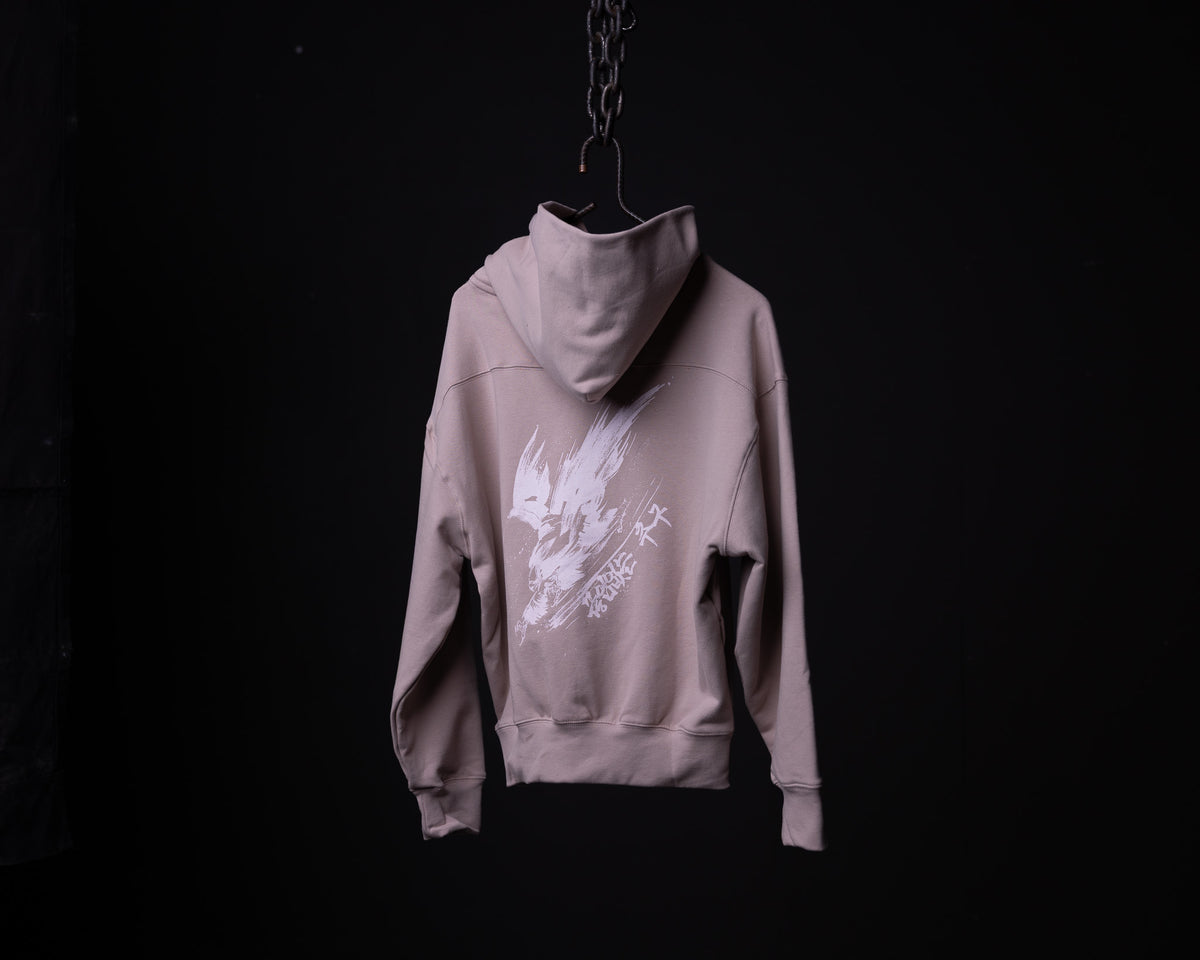 FA'22 Tech Terry Eagle Hoodie in mauve, displayed on hanger against black background