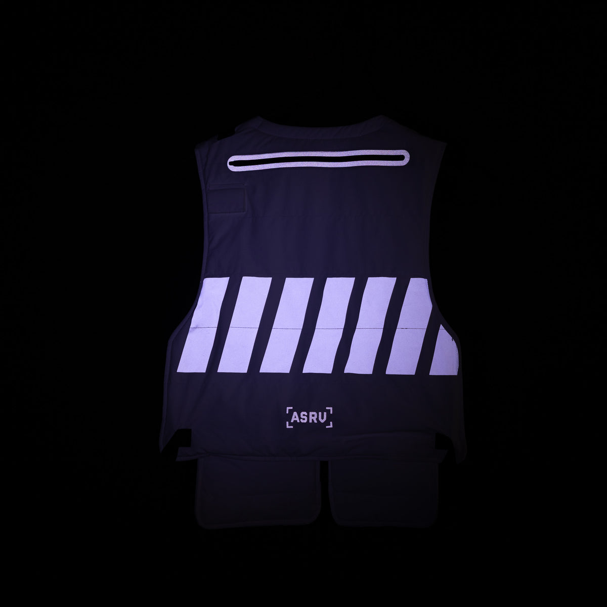2018 Technical Vest in navy blue with reflective striping, back view, on hanger