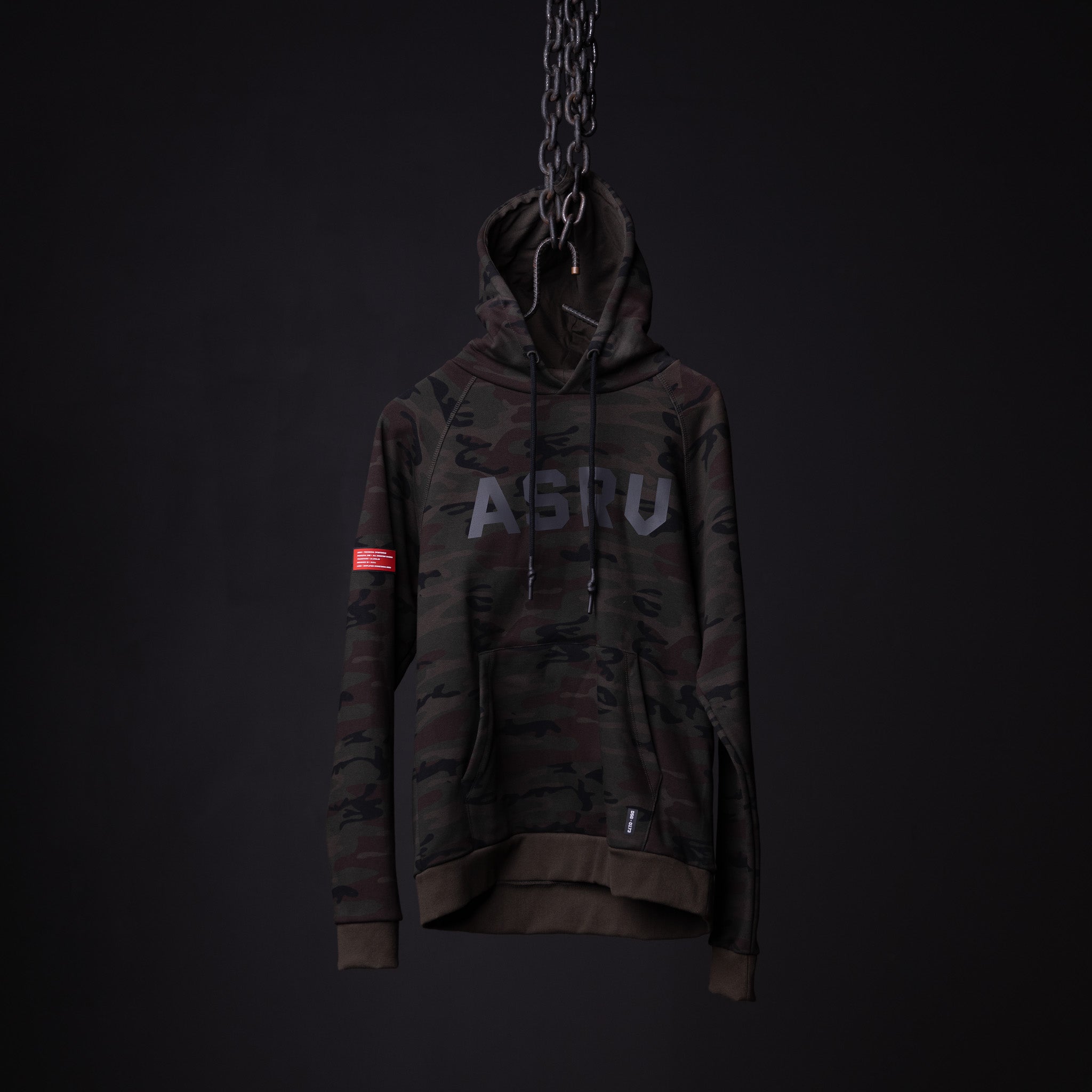 WN'19 RainPlus® Hoodie in black camo, displayed on invisible form against dark background