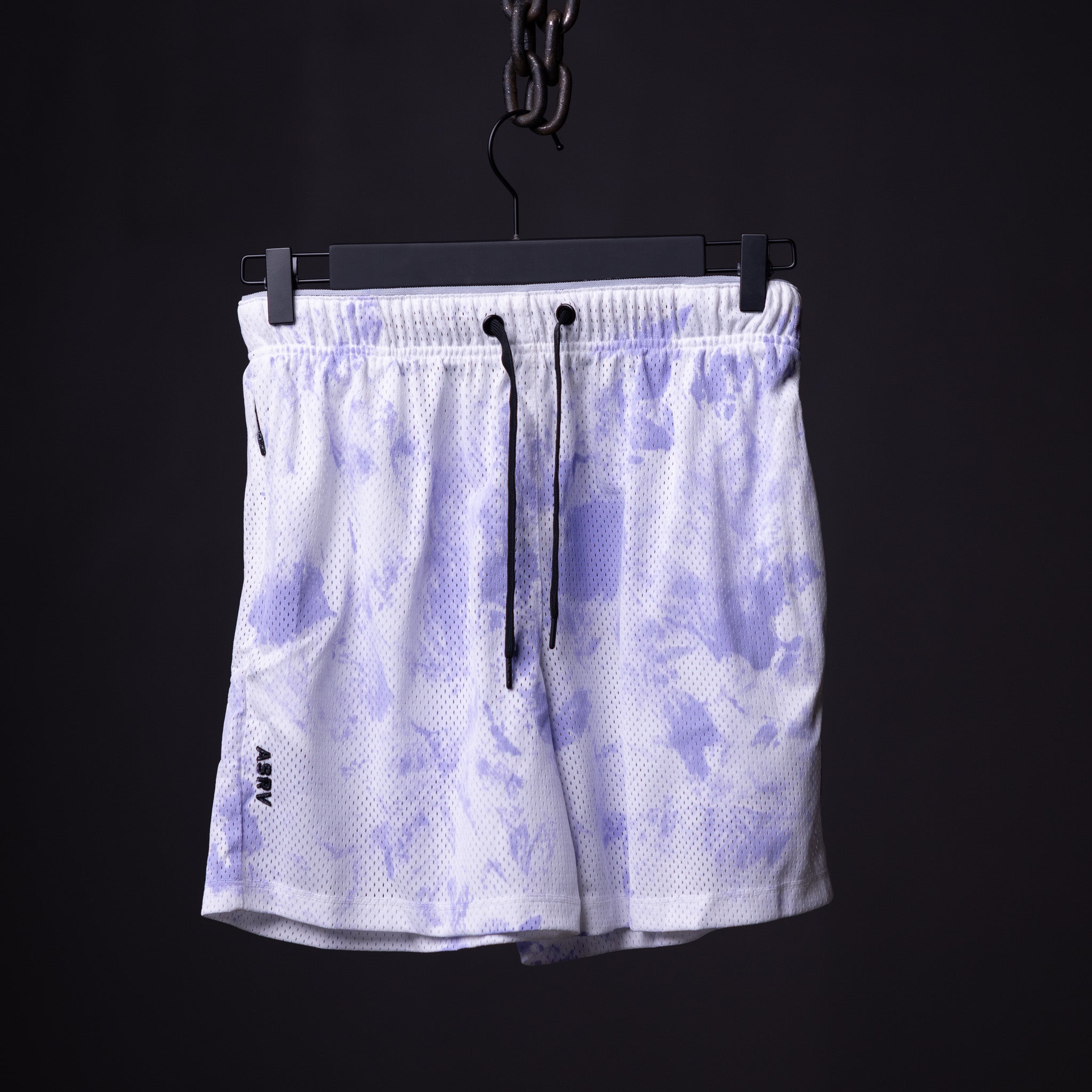 flatlay SM'22 Tie Dye Painted Short in lavender and white, front view on hanger