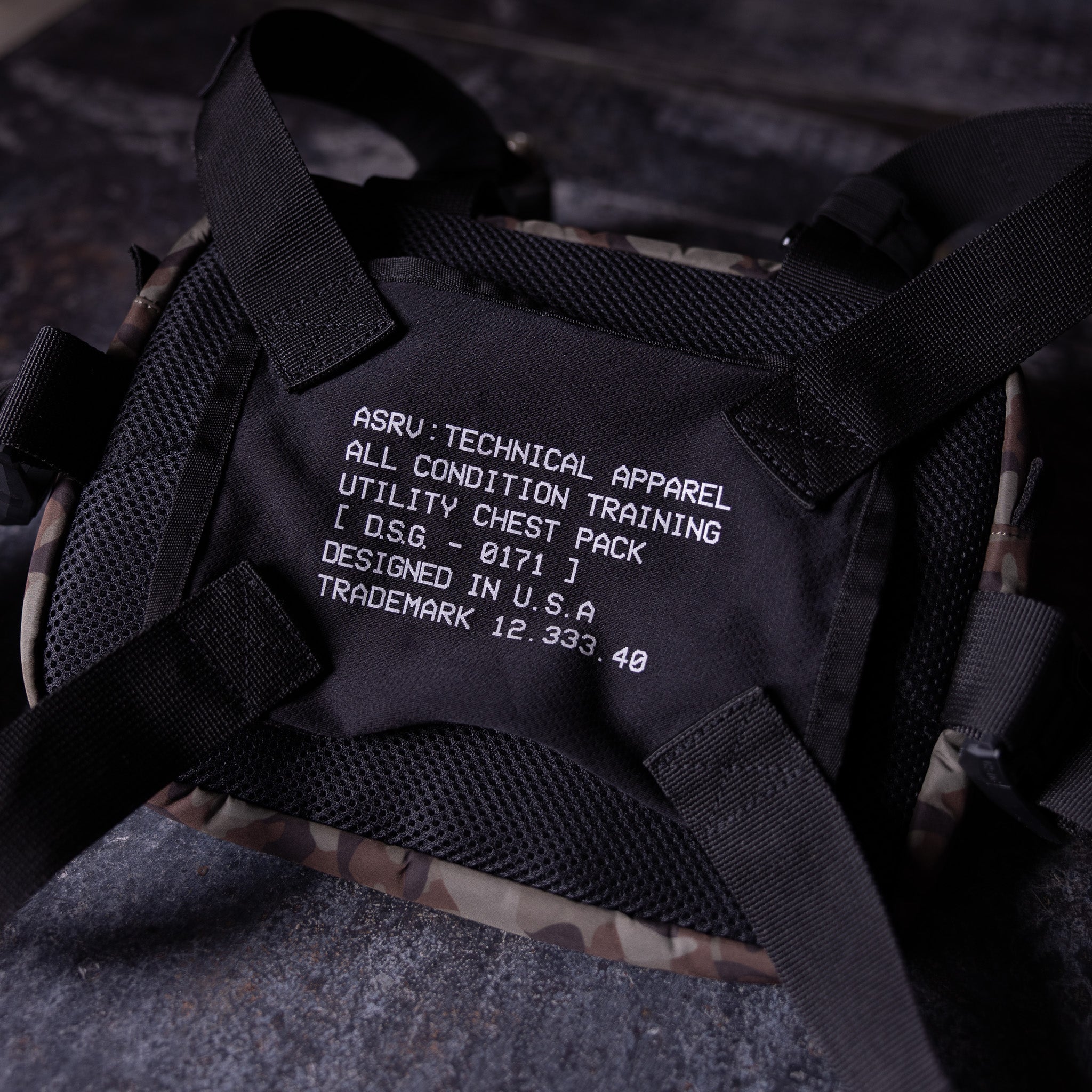 SP'19 Trail Pack Chest Rig worn on person, black, front detail view