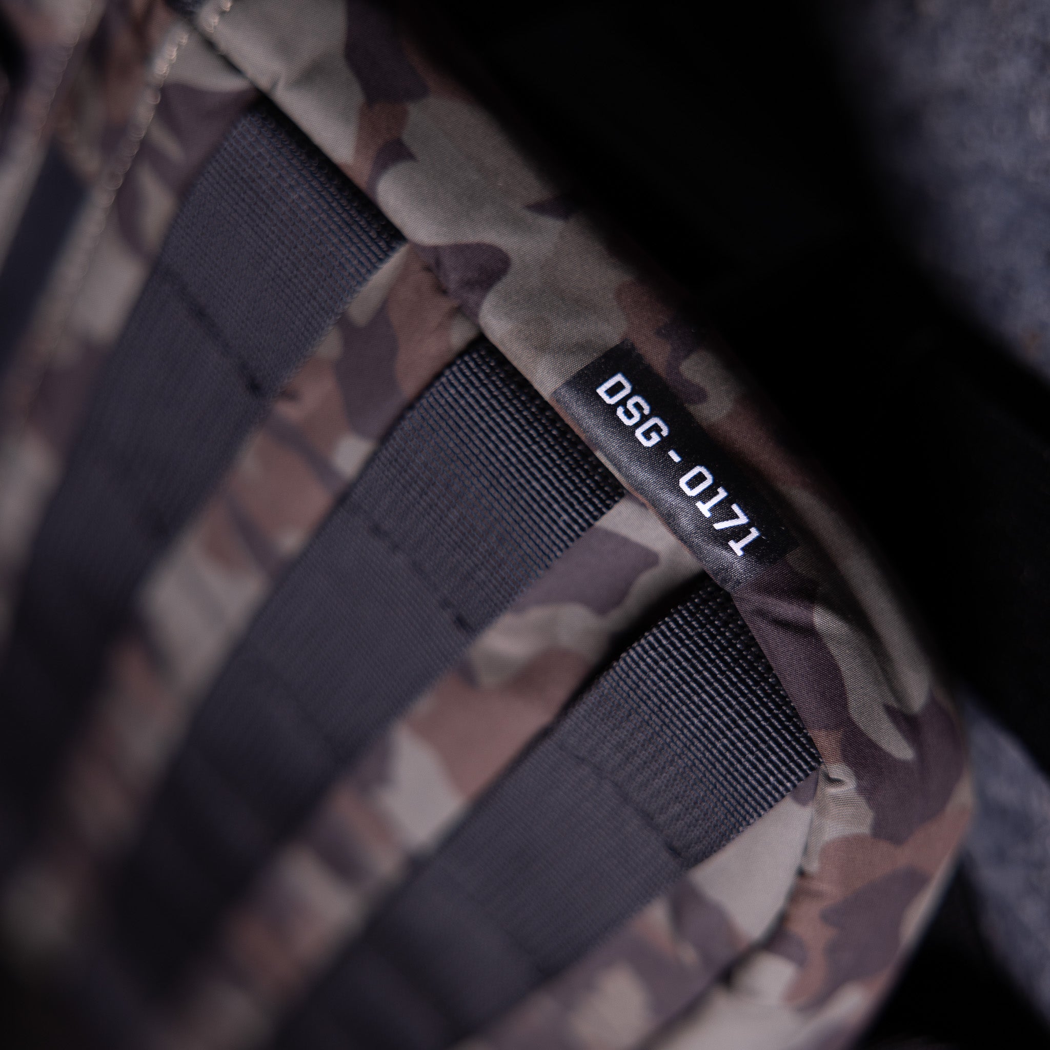 SP'19 Trail Pack Chest Rig in camo, worn detail closeup