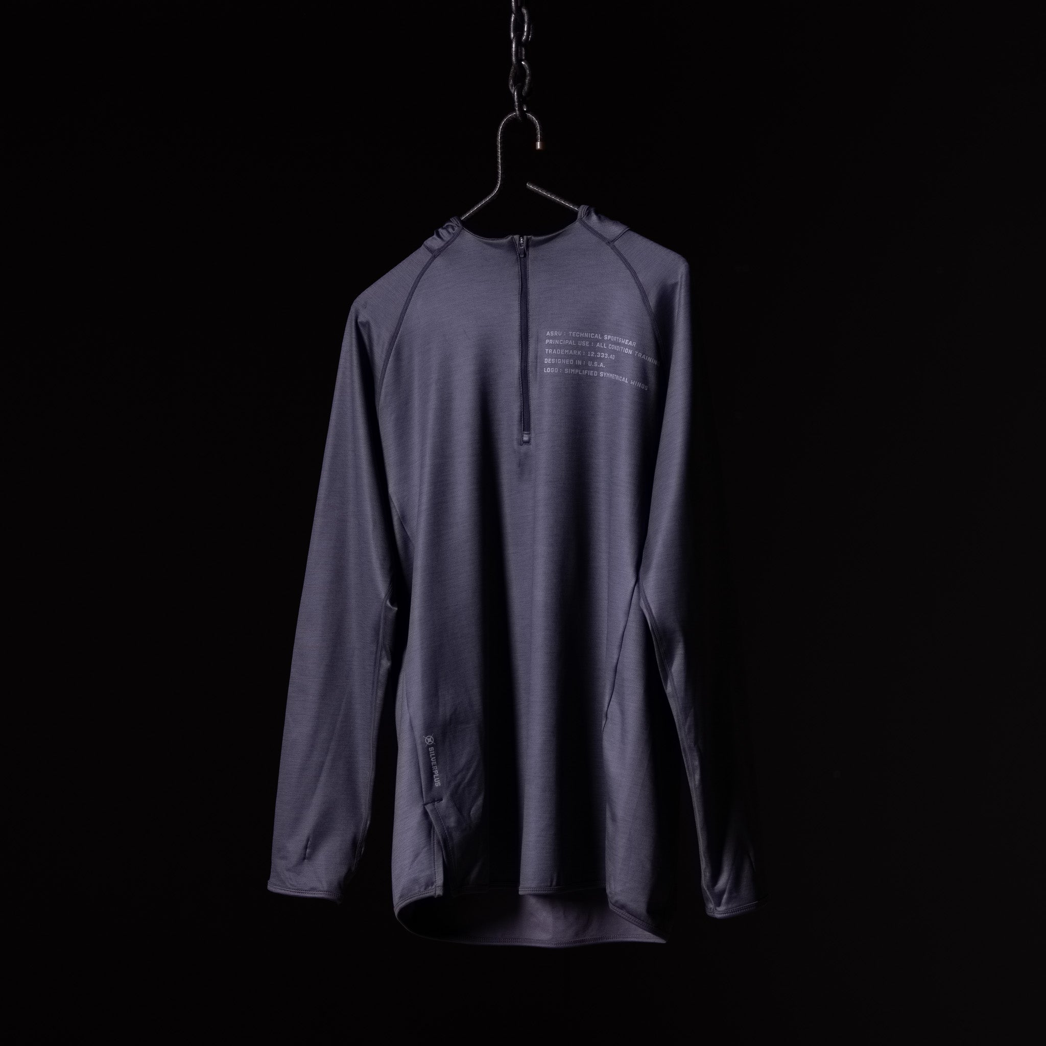 SM'18 Quarter Zip Hoodie in grey on hanger, front view