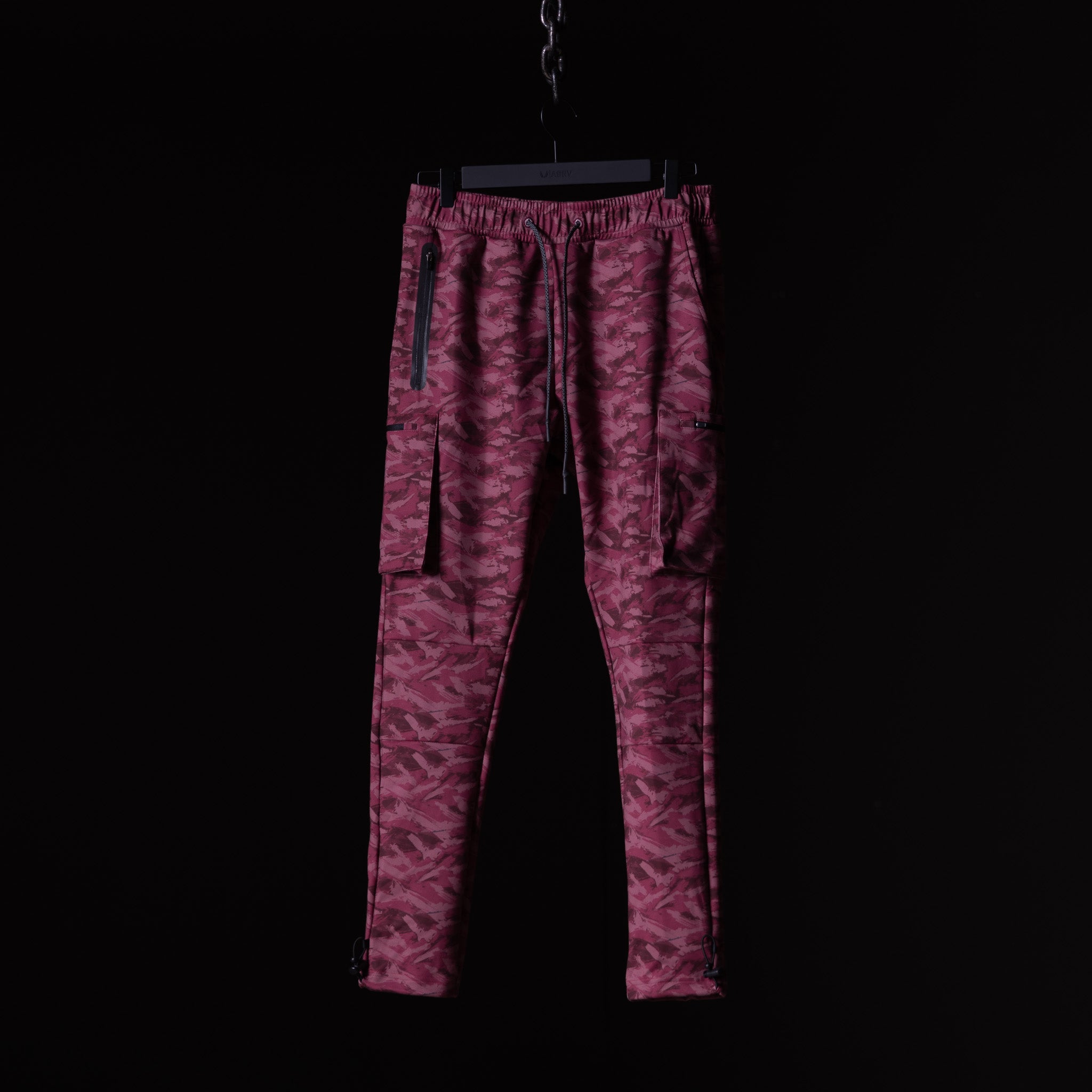 Brushed Camo Cargo Jogger in burgundy camo, front view
