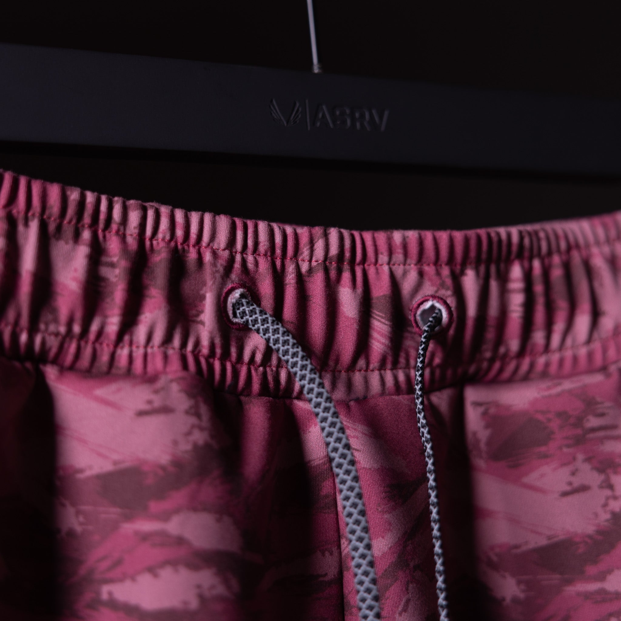 Brushed Camo Cargo Jogger in burgundy camo, detail shot of waistband and drawstring