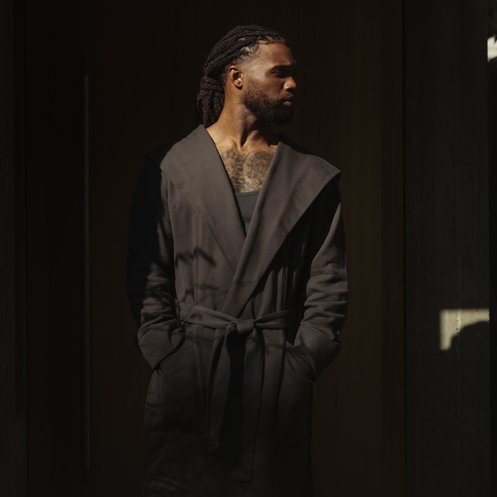 ASRV x Walden Heavyweight Robe in carbon, worn by model in profile stance
