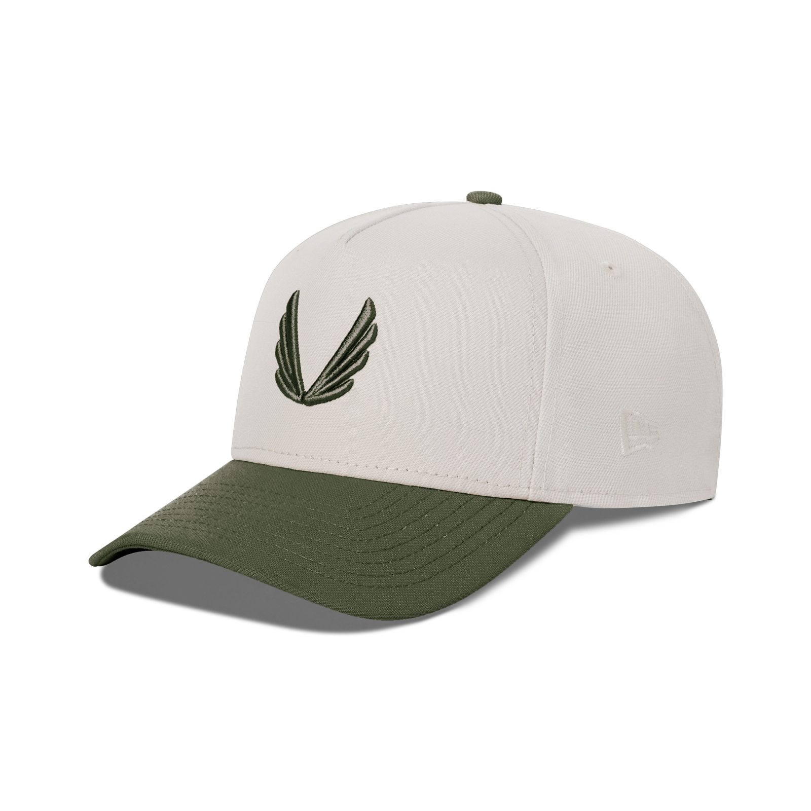 flatlay New Era 9Forty A-Frame Hat in stone and faded olive two-tone colorway