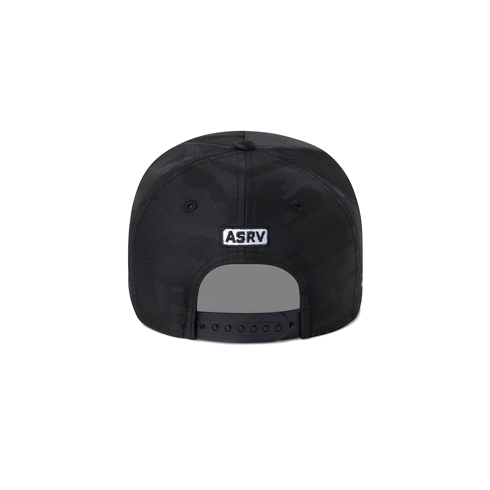 flatlay New Era 9Forty A-Frame Hat in black, back view showing snapback closure and ASRY label