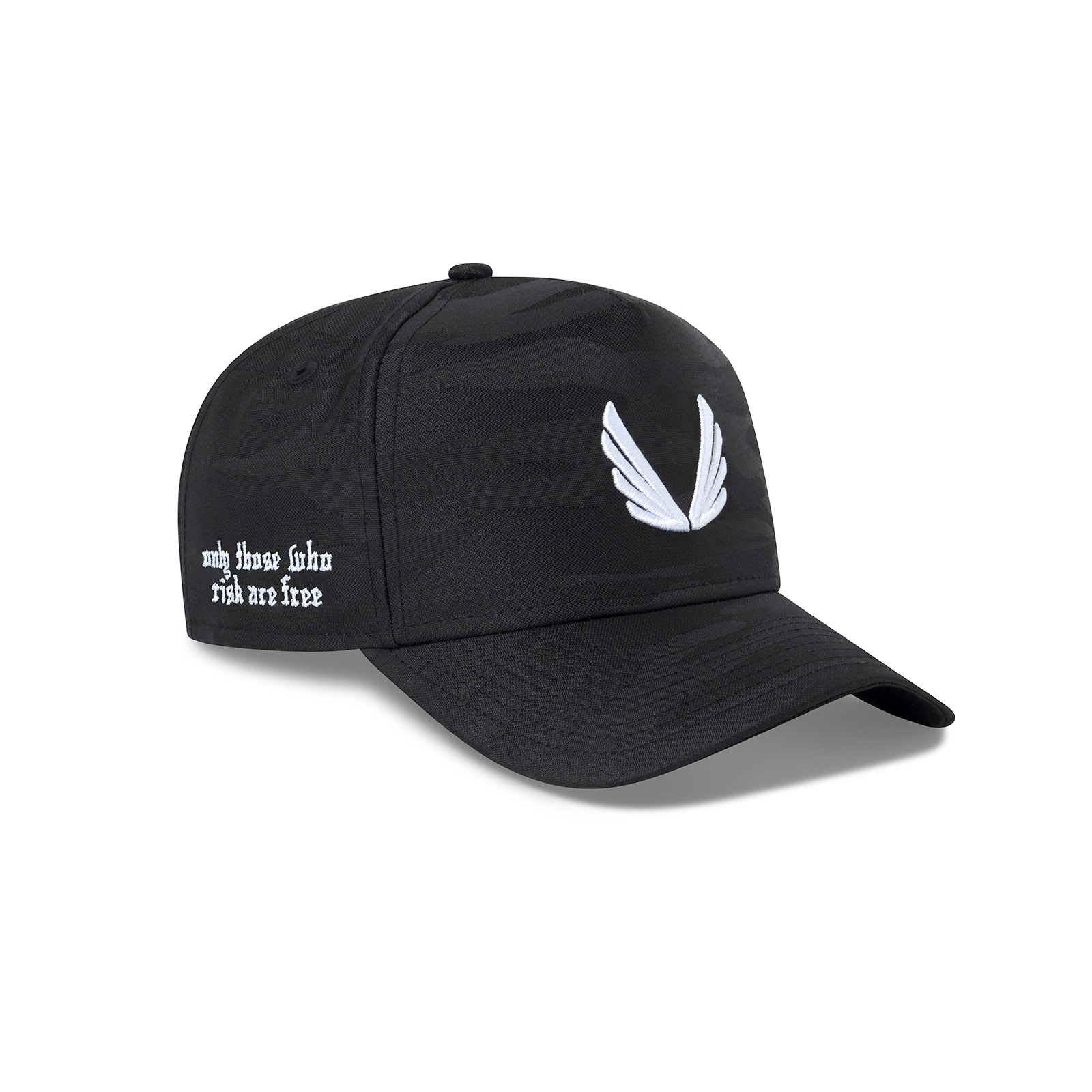 flatlay New Era 9Forty A-Frame Hat in black with white wing logo and text detail, front view