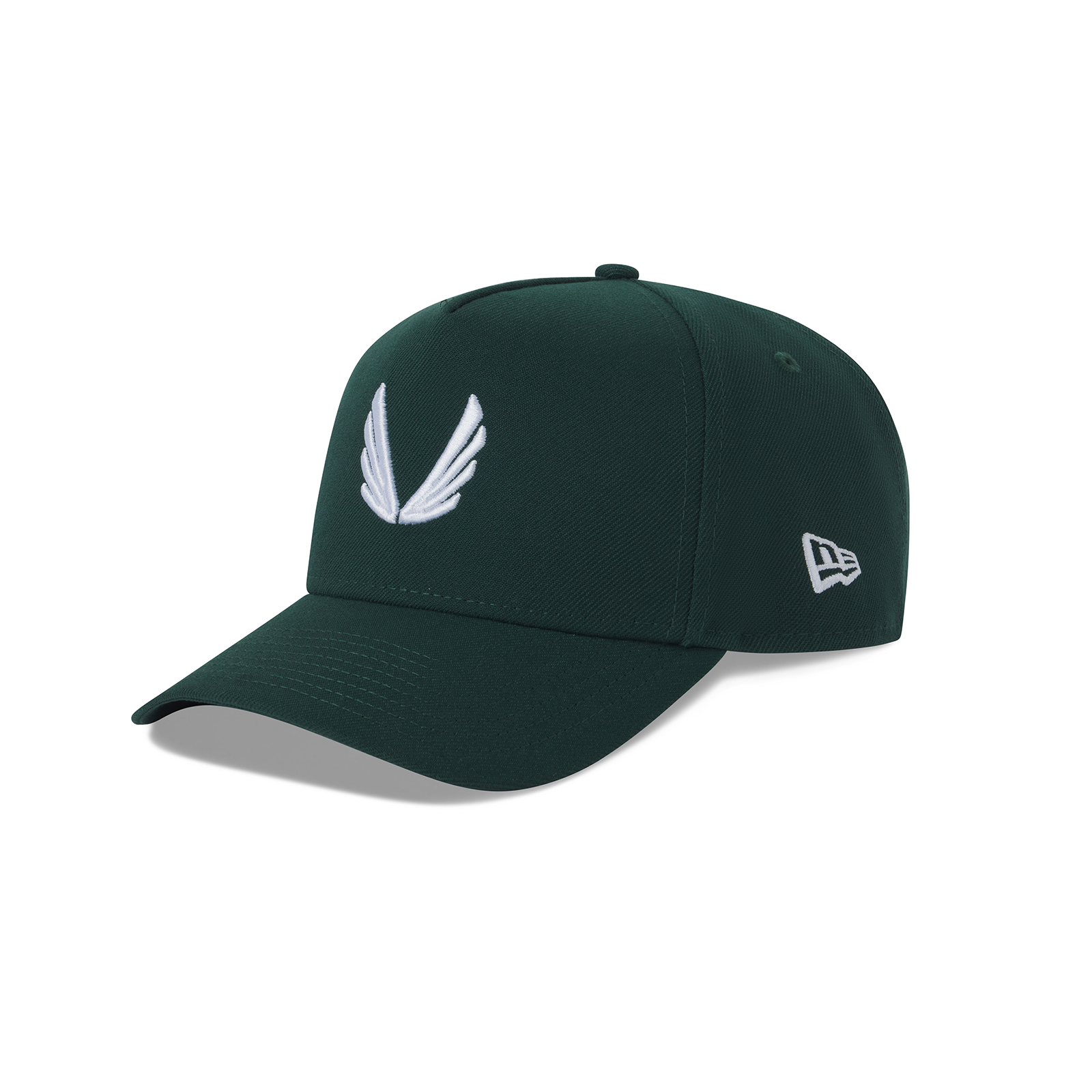 flatlay New Era 9Forty A-Frame Hat in forest green with white wing logo, front view