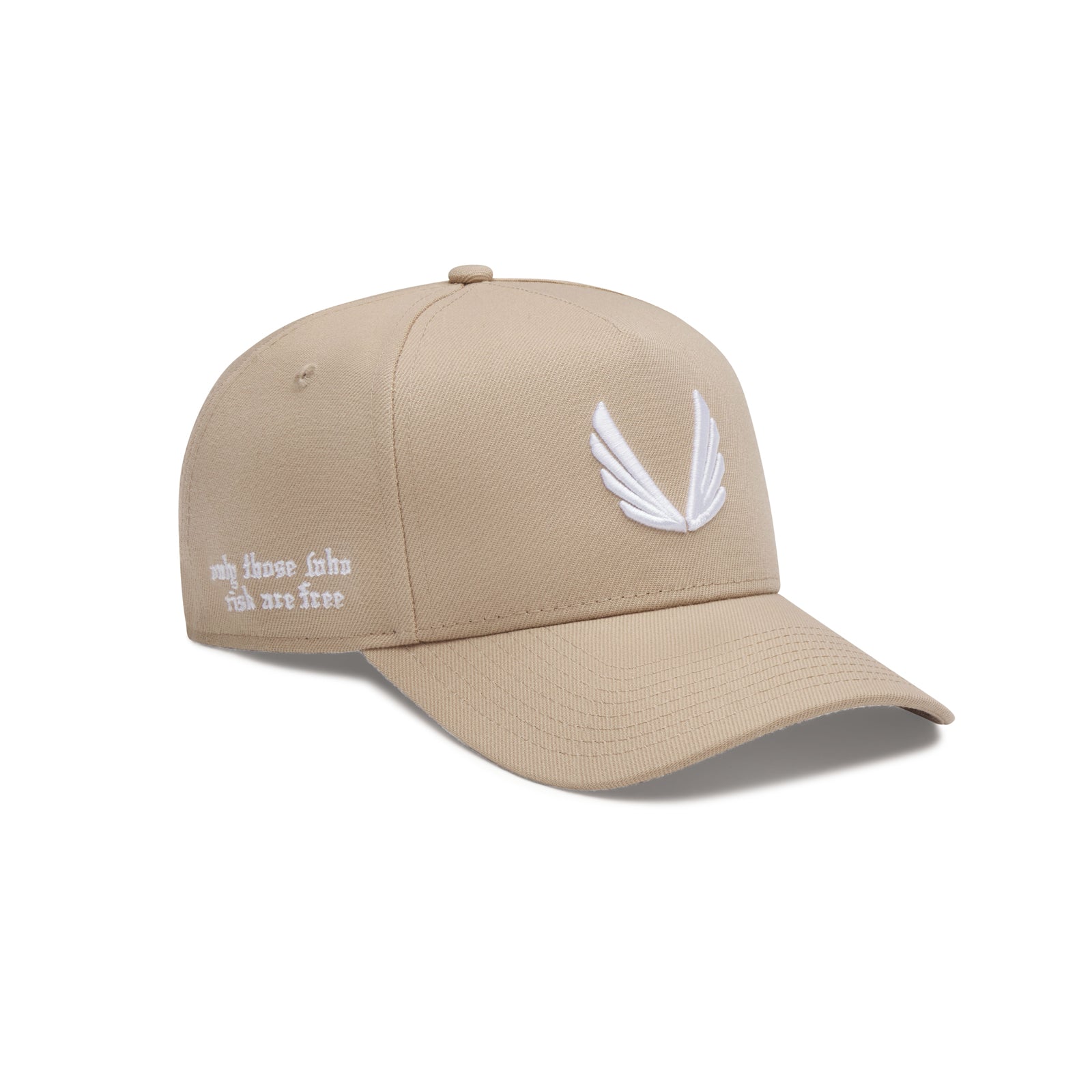 flatlay New Era 9Forty A-Frame Hat in beige with white embroidered wing logo, front view
