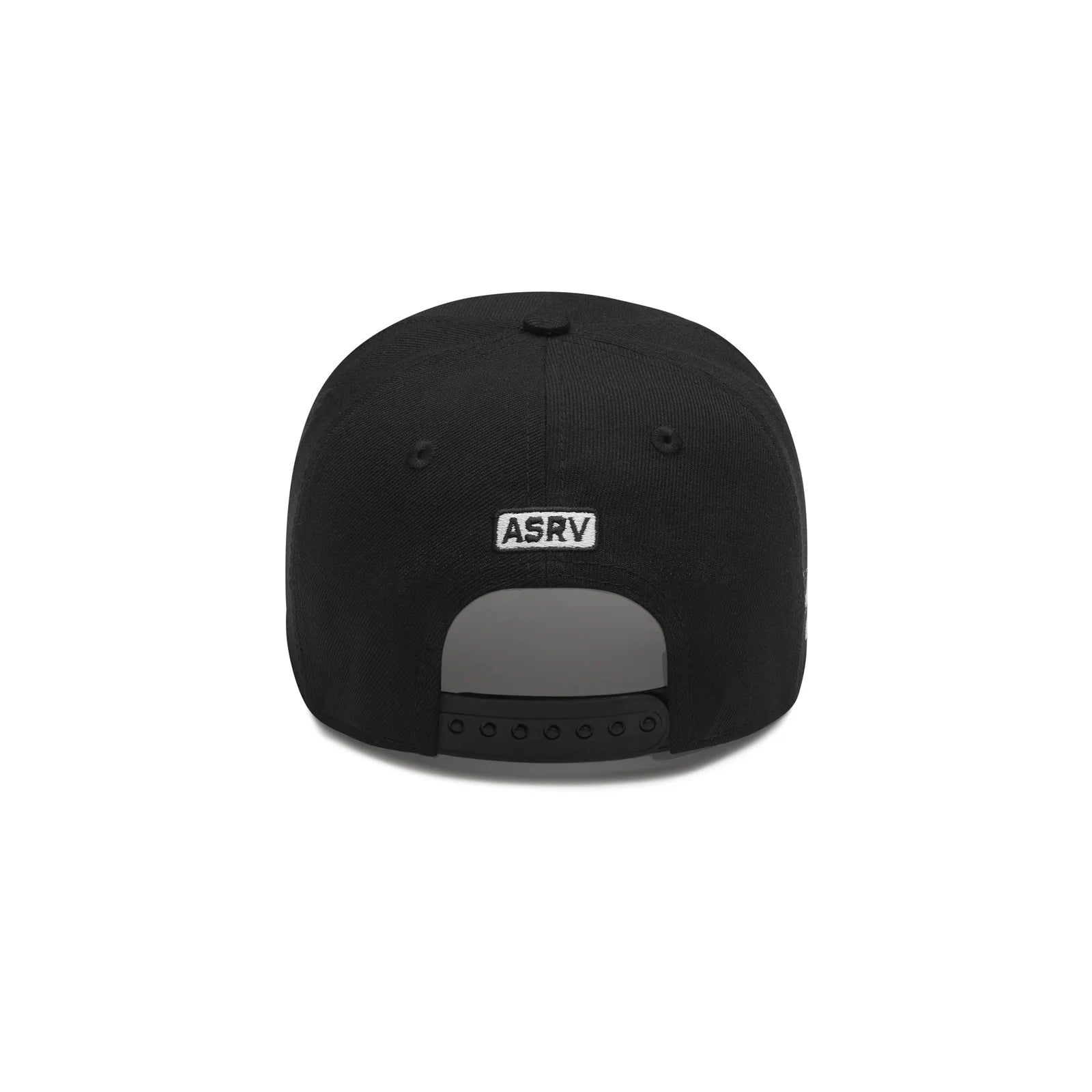 flatlay New Era 9Forty A-Frame Hat in black with white ASRV logo, back view