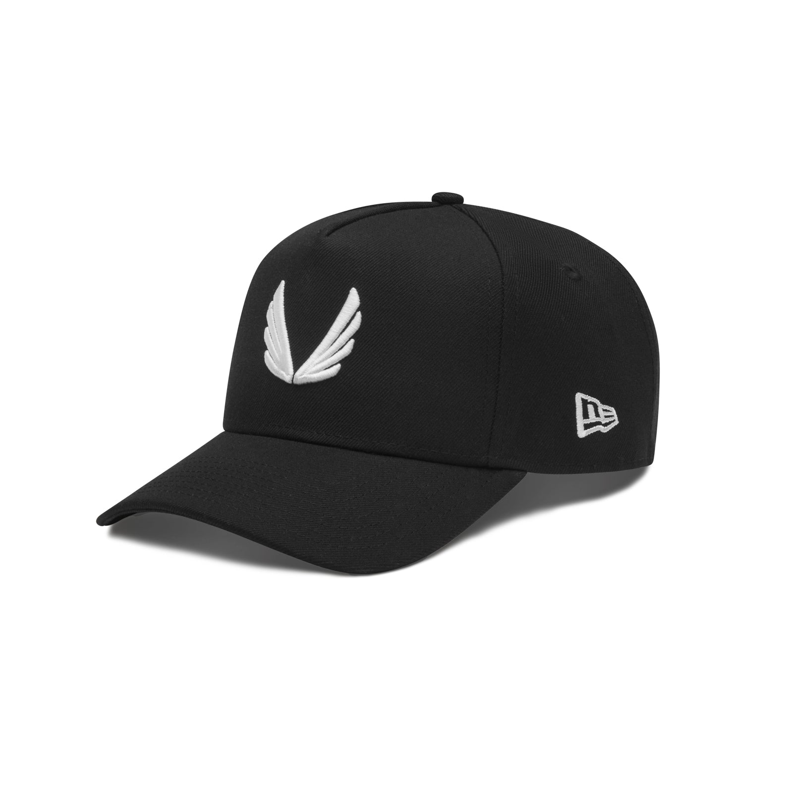 flatlay New Era 9Forty A-Frame Hat in black with white wing logo, front view
