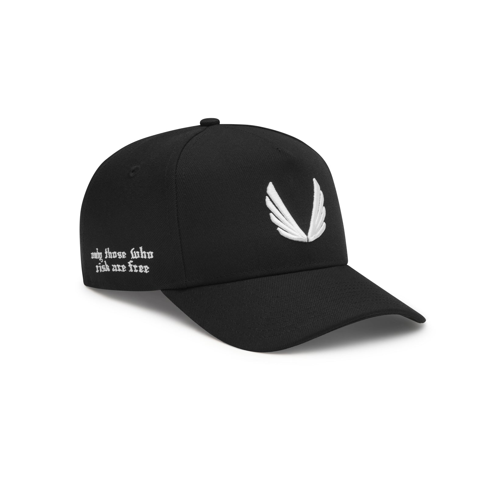 flatlay New Era 9Forty A-Frame Hat in black with white wing logo, front three-quarter view