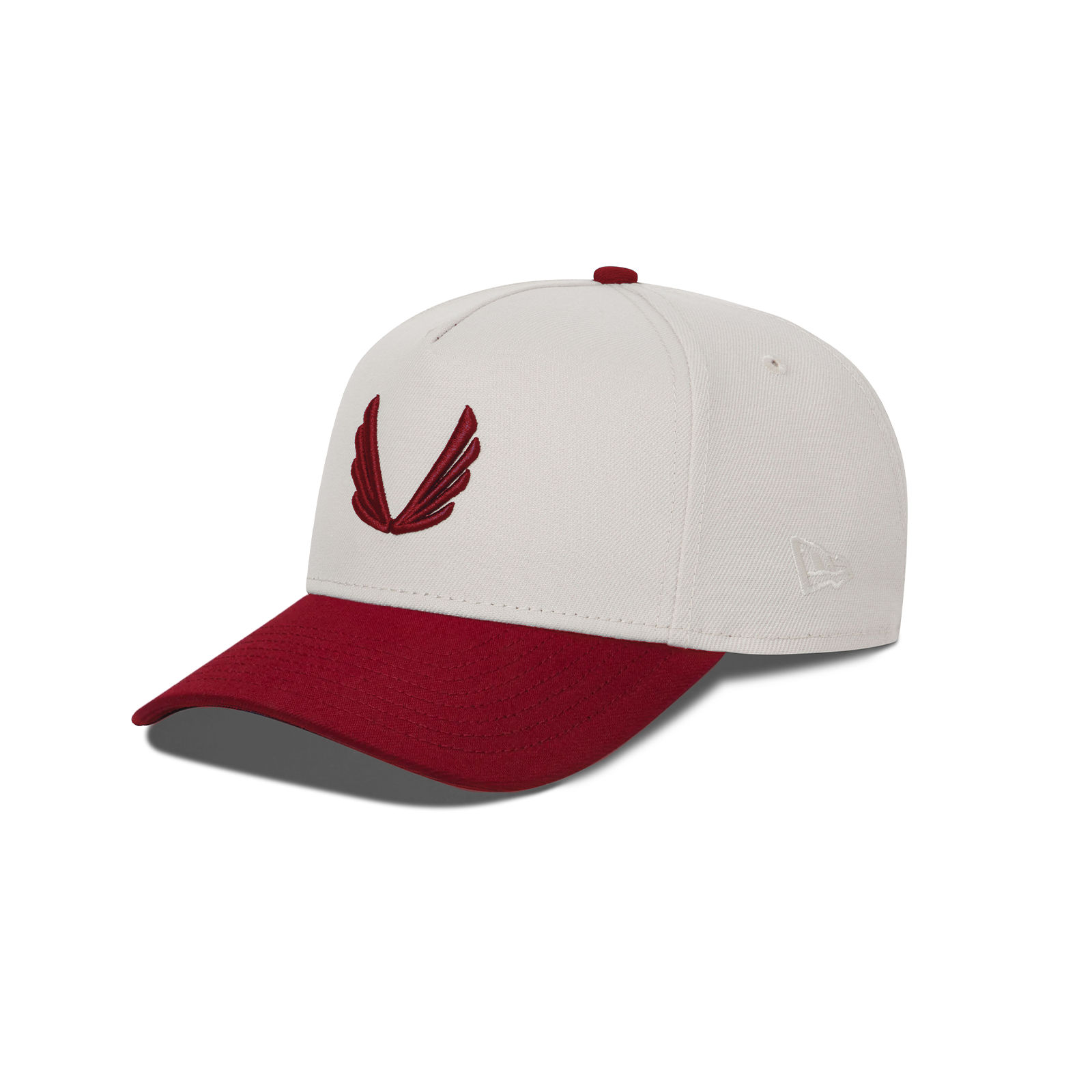 flatlay New Era 9Forty A-Frame Hat in stone and crimson two-tone, front view