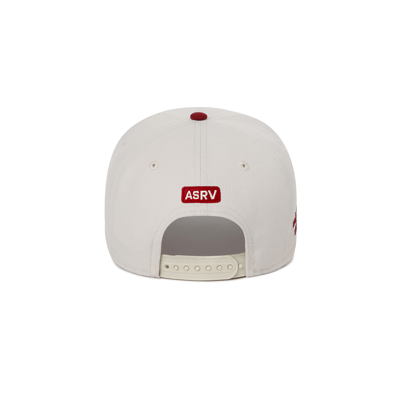 flatlay New Era 9Forty A-Frame Hat in stone and crimson, back view