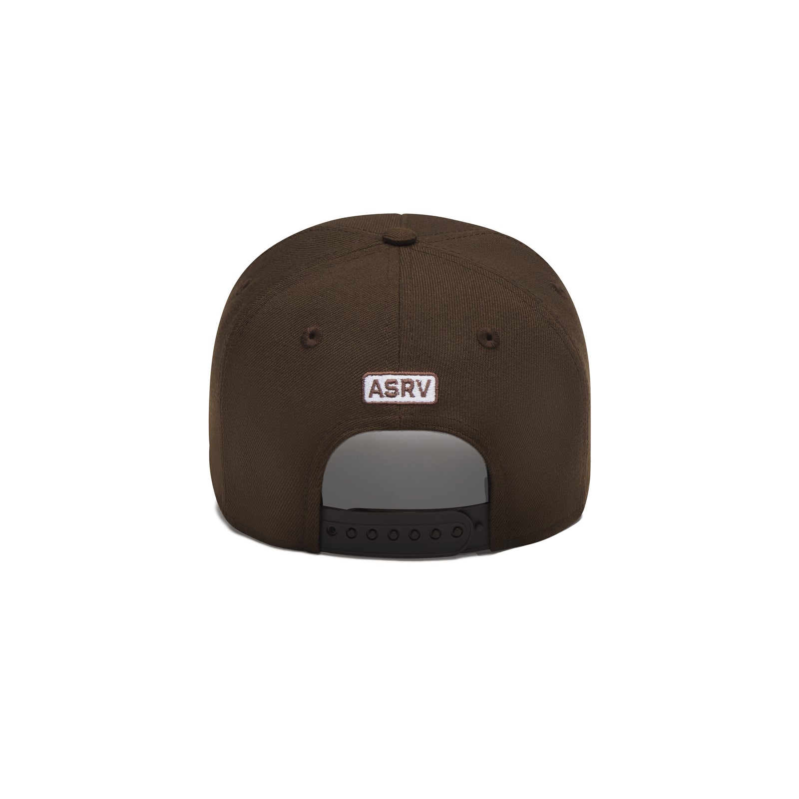 flatlay New Era 9Forty A-Frame Hat in dark earth with white ASRV logo, back view