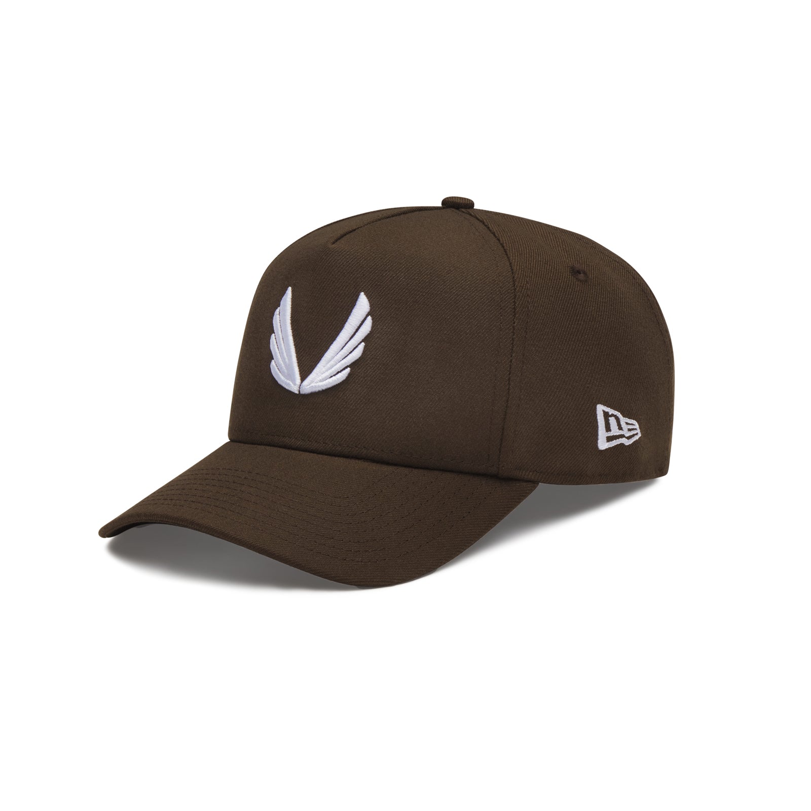 New Era 9Forty A-Frame Hat in dark earth with white wing logo, angled product shot