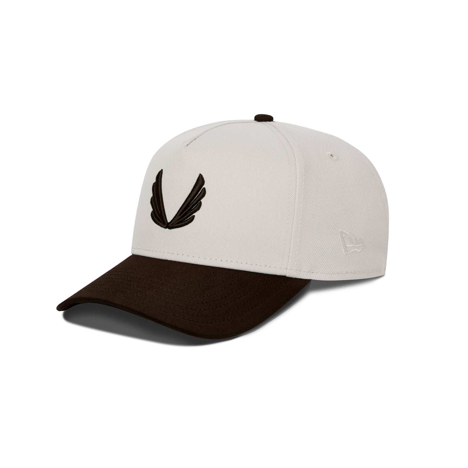 flatlay New Era 9Forty A-Frame Hat in stone and dark earth two-tone, front view