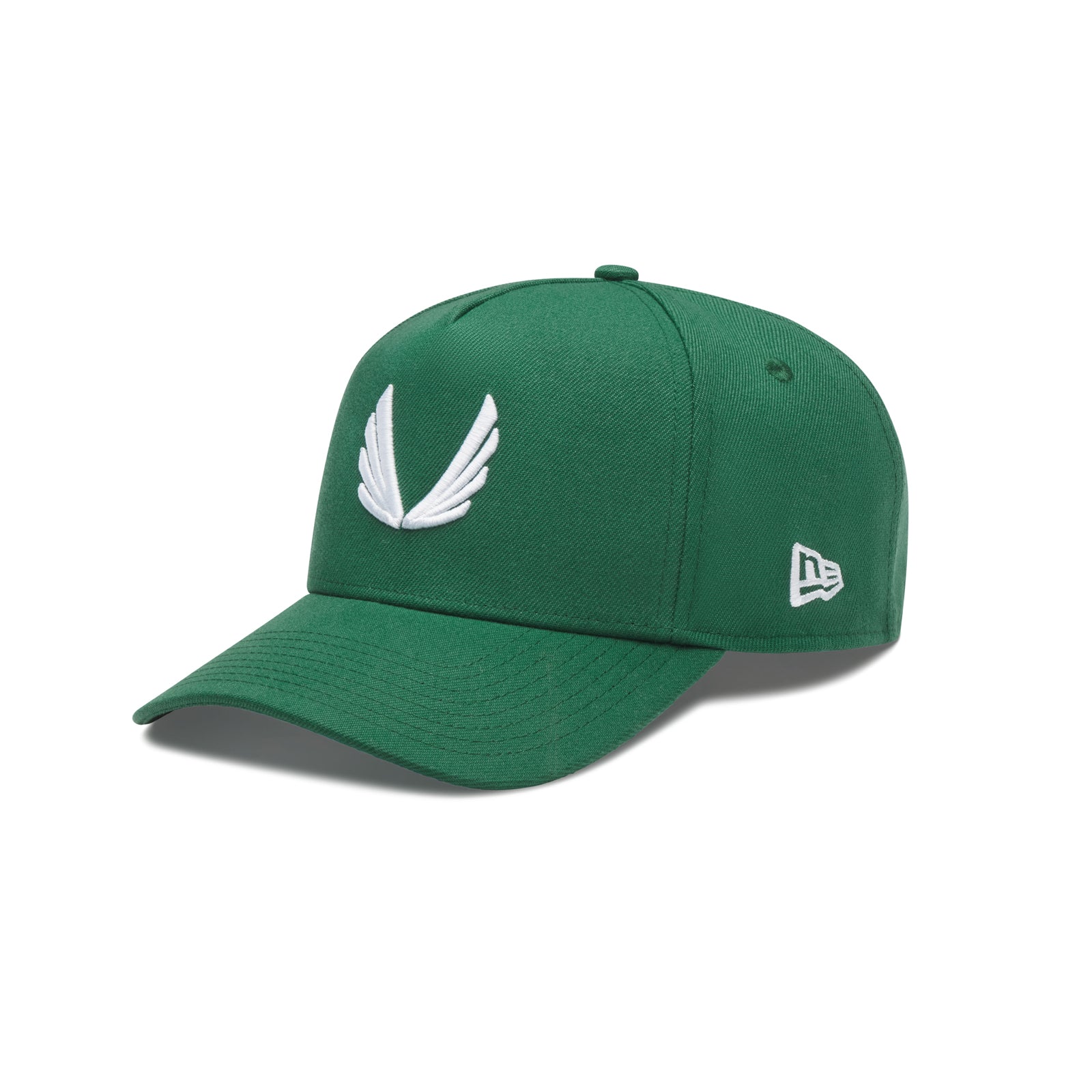 flatlay New Era 9Forty A-Frame hat in emerald green with white wing logo, front view