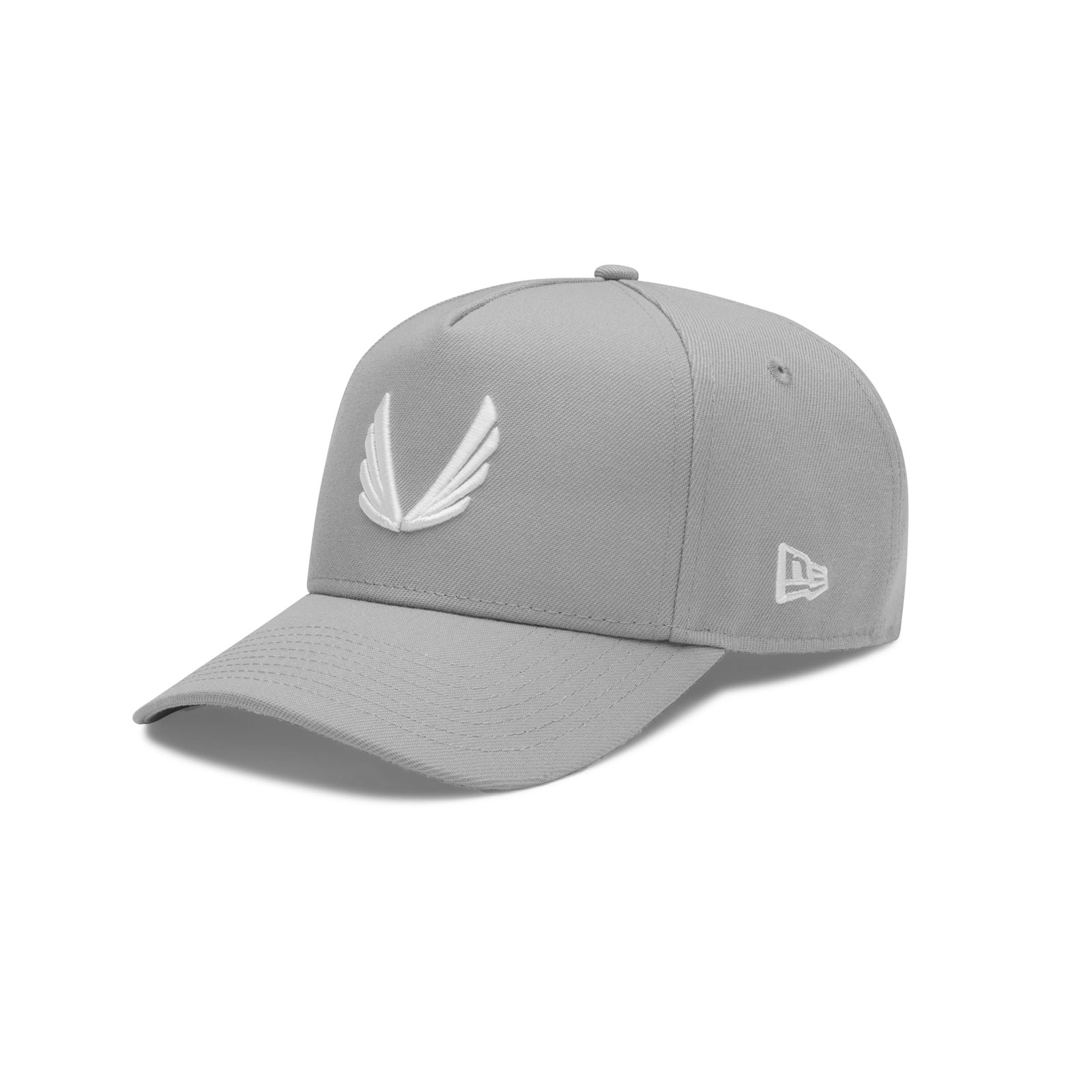 flatlay New Era 9Forty A-Frame Hat in grey with white logo and embroidery, angled front view