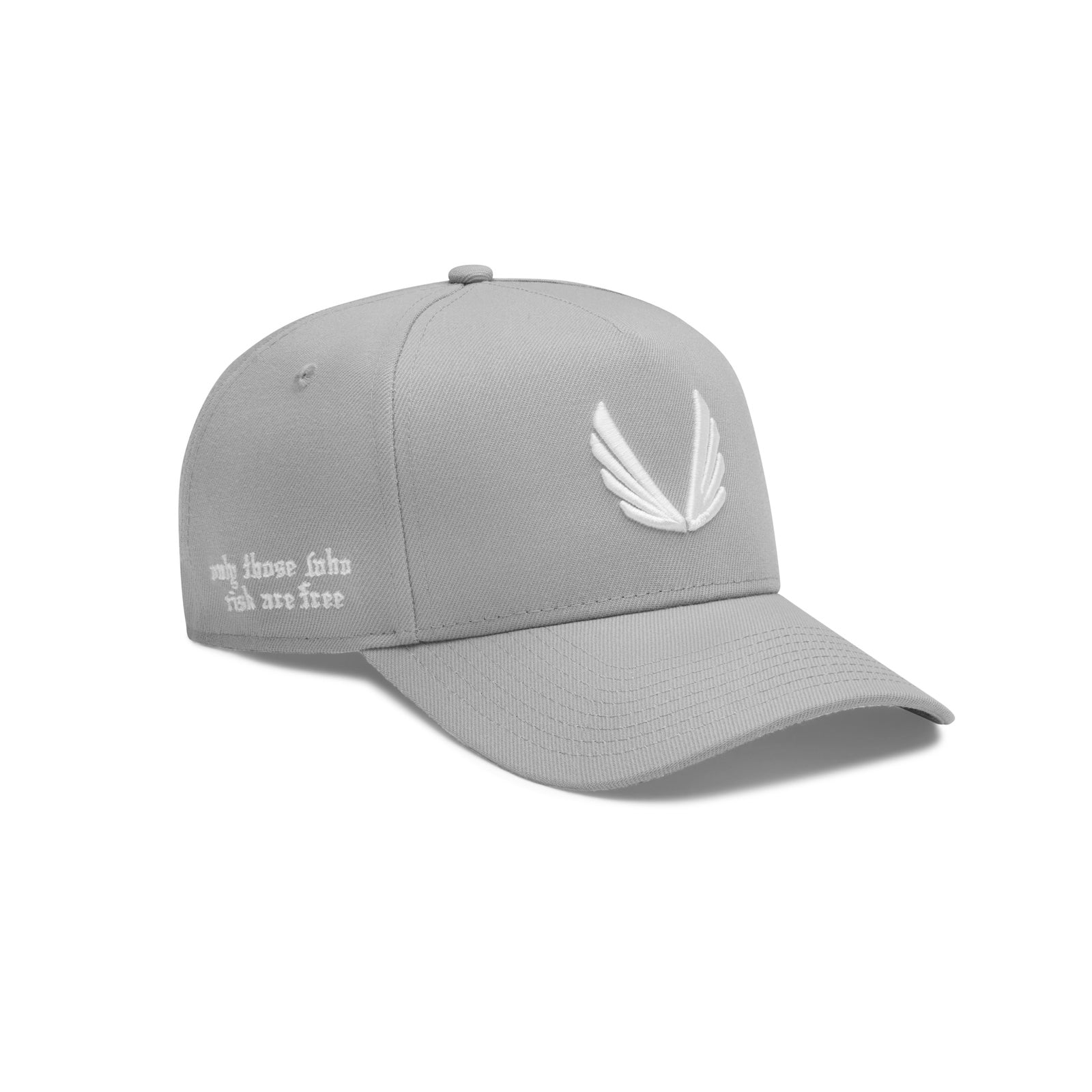 flatlay New Era 9Forty A-Frame Hat in grey with white embroidered logo, angled view