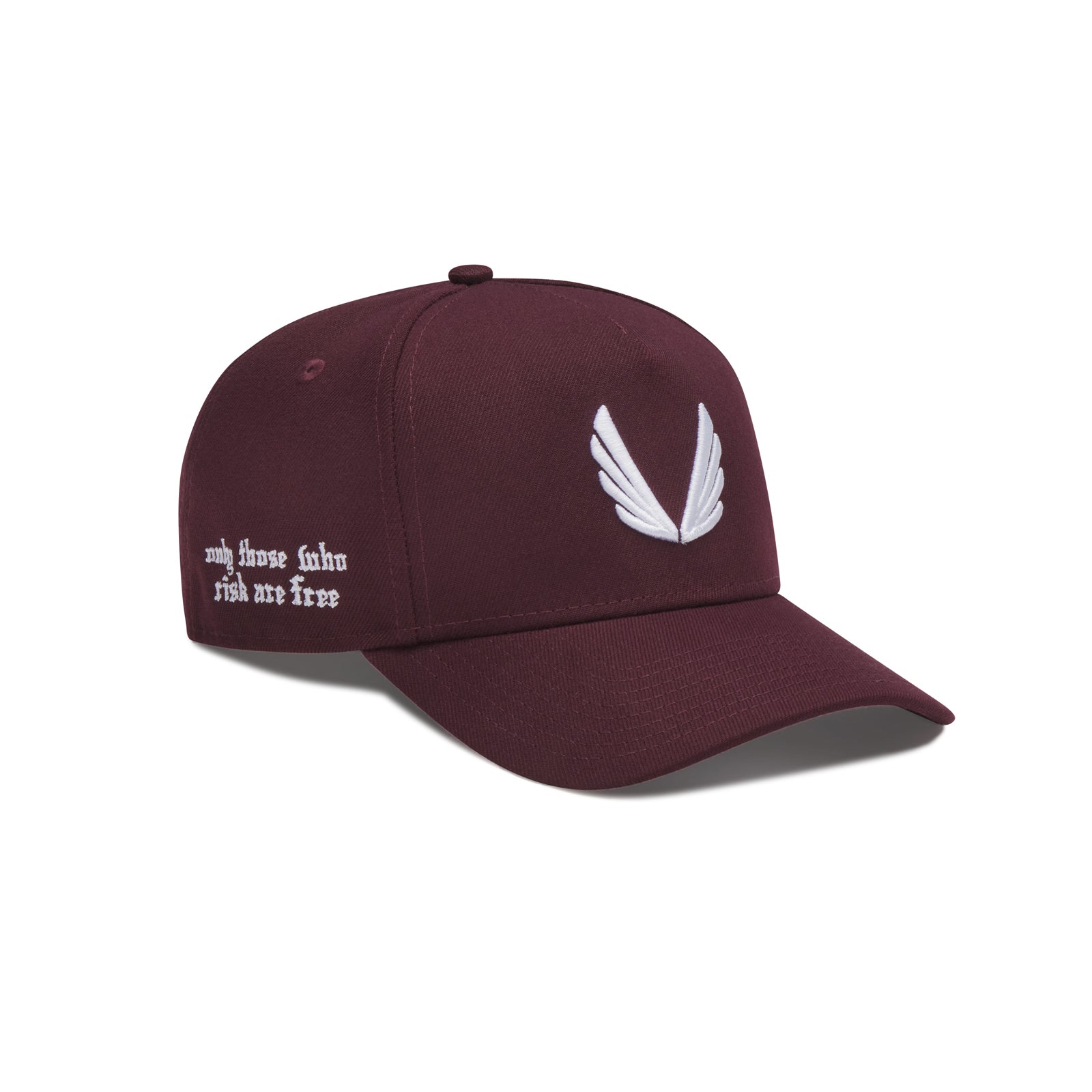 flatlay New Era 9Forty A-Frame Hat in maroon with white wing logo and text detail