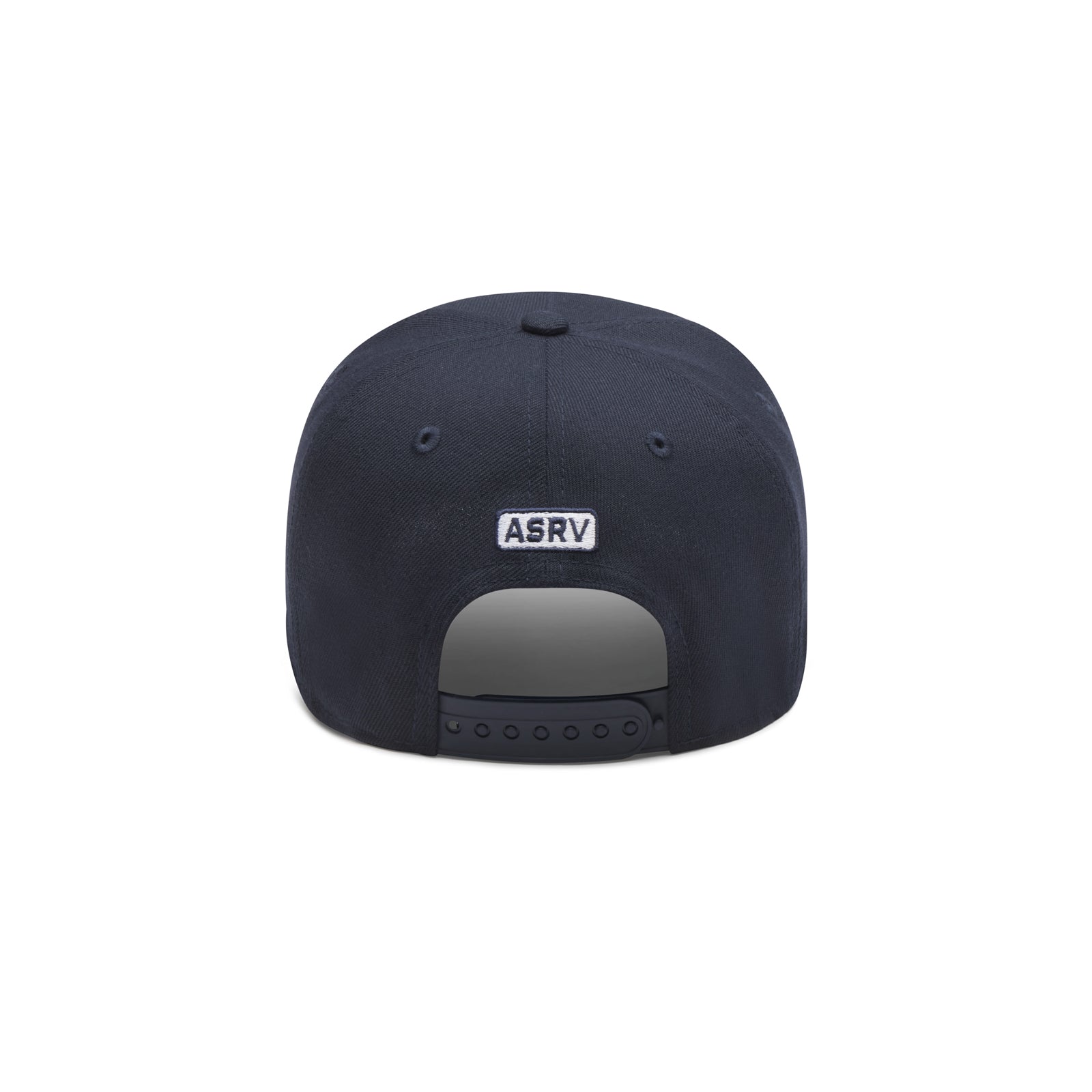 flatlay New Era 9Forty A-Frame Hat in navy with white ASRV logo, back view