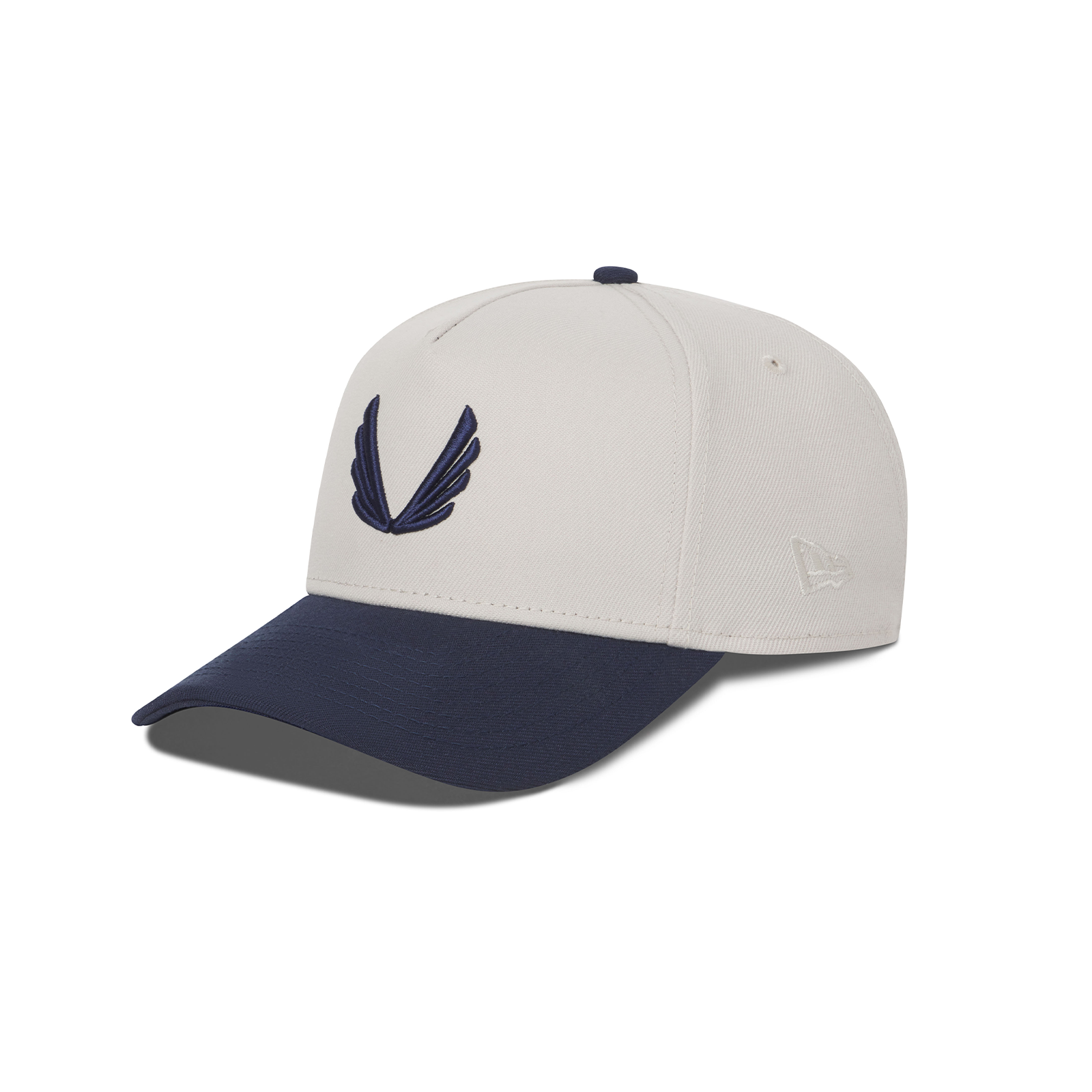 flatlay New Era 9Forty A-Frame Hat in stone and navy, front view