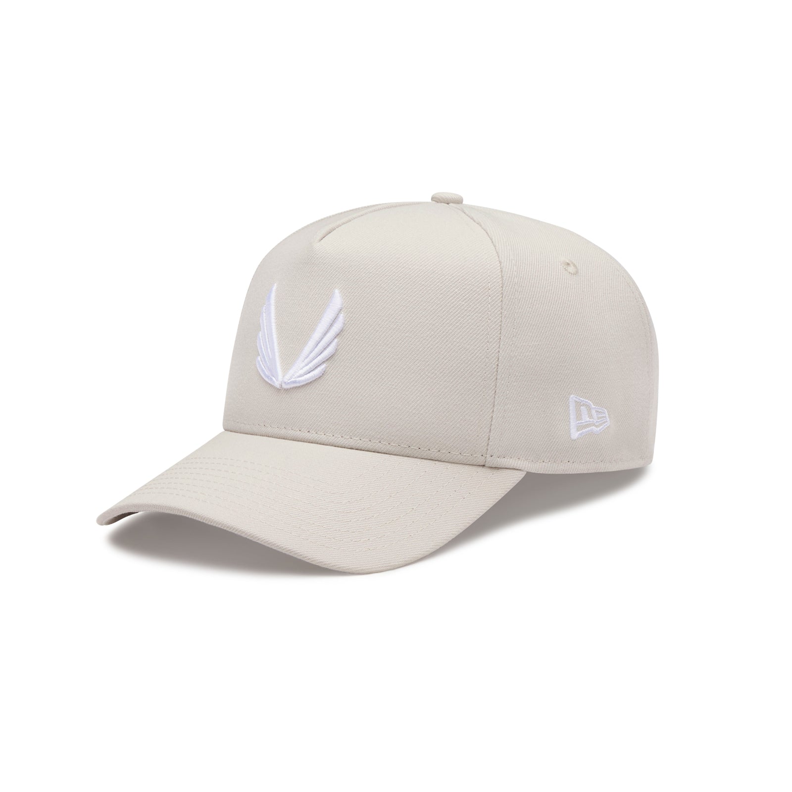 flatlay New Era 9Forty A-Frame Hat in stone with white embroidered logo, front view