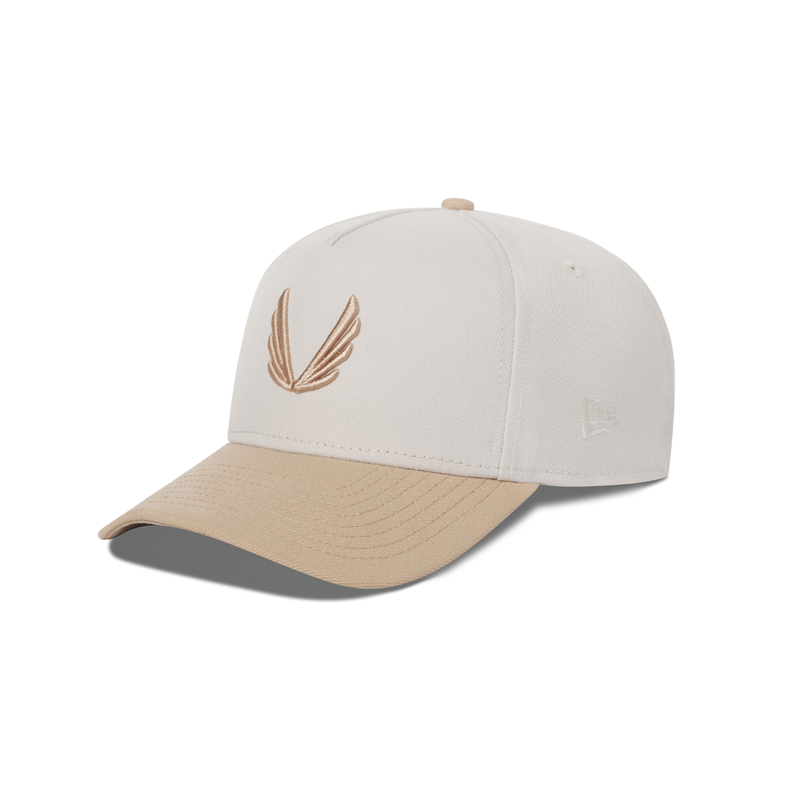 flatlay New Era 9Forty A-Frame Hat in stone and beige two-tone, angled view