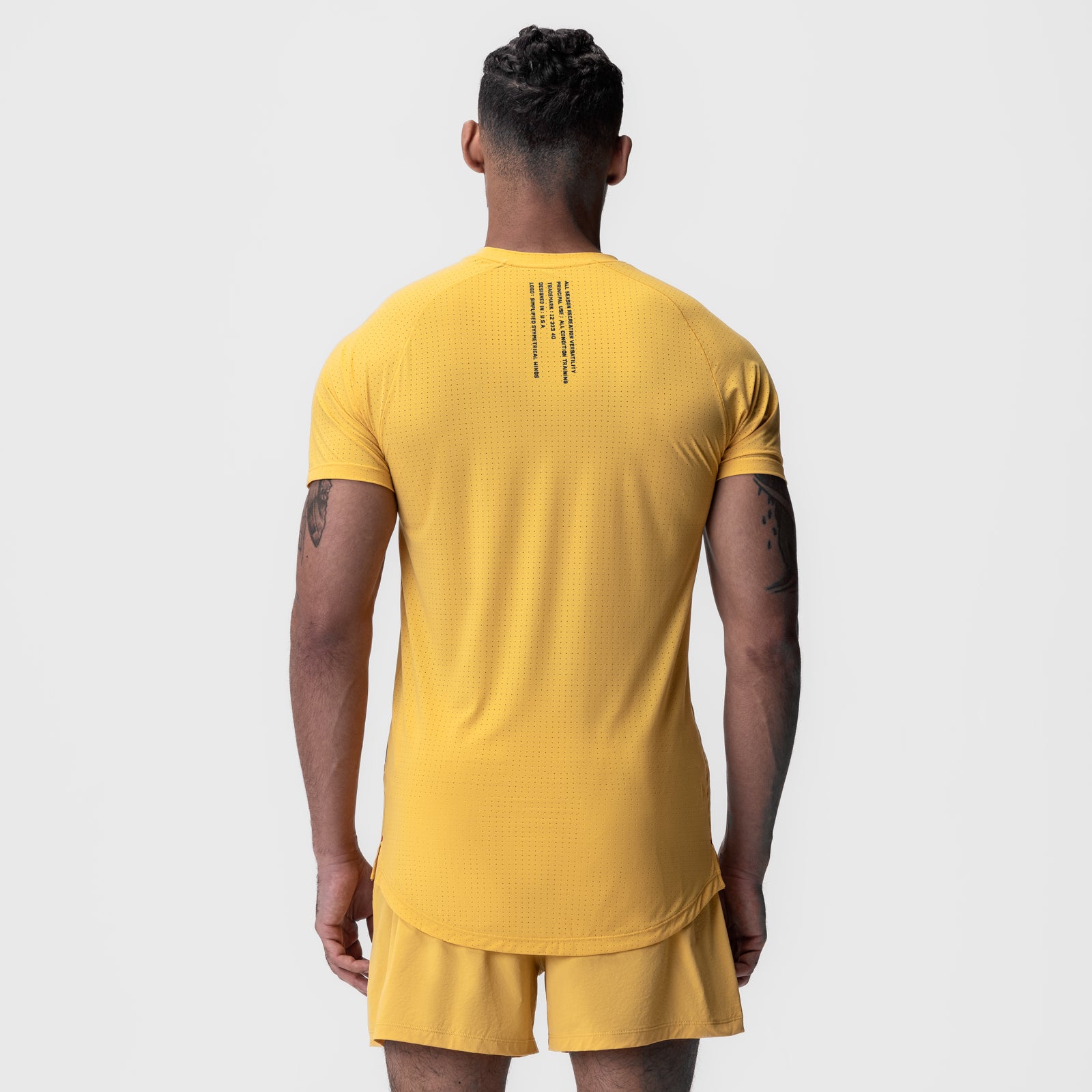 Laser-Vent Established Tee in amber yellow, back view on model