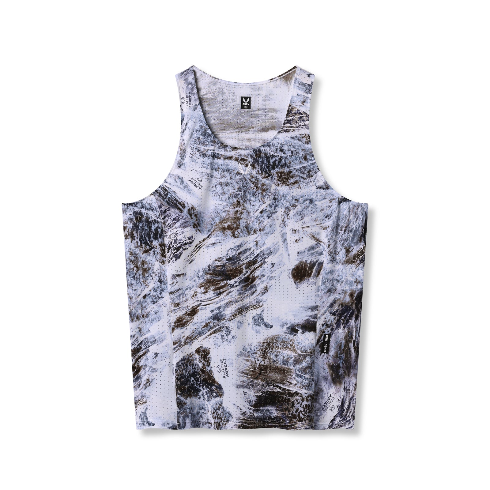 flatlay Laser-Vent Singlet Tank in white/grey with black camo print, front view