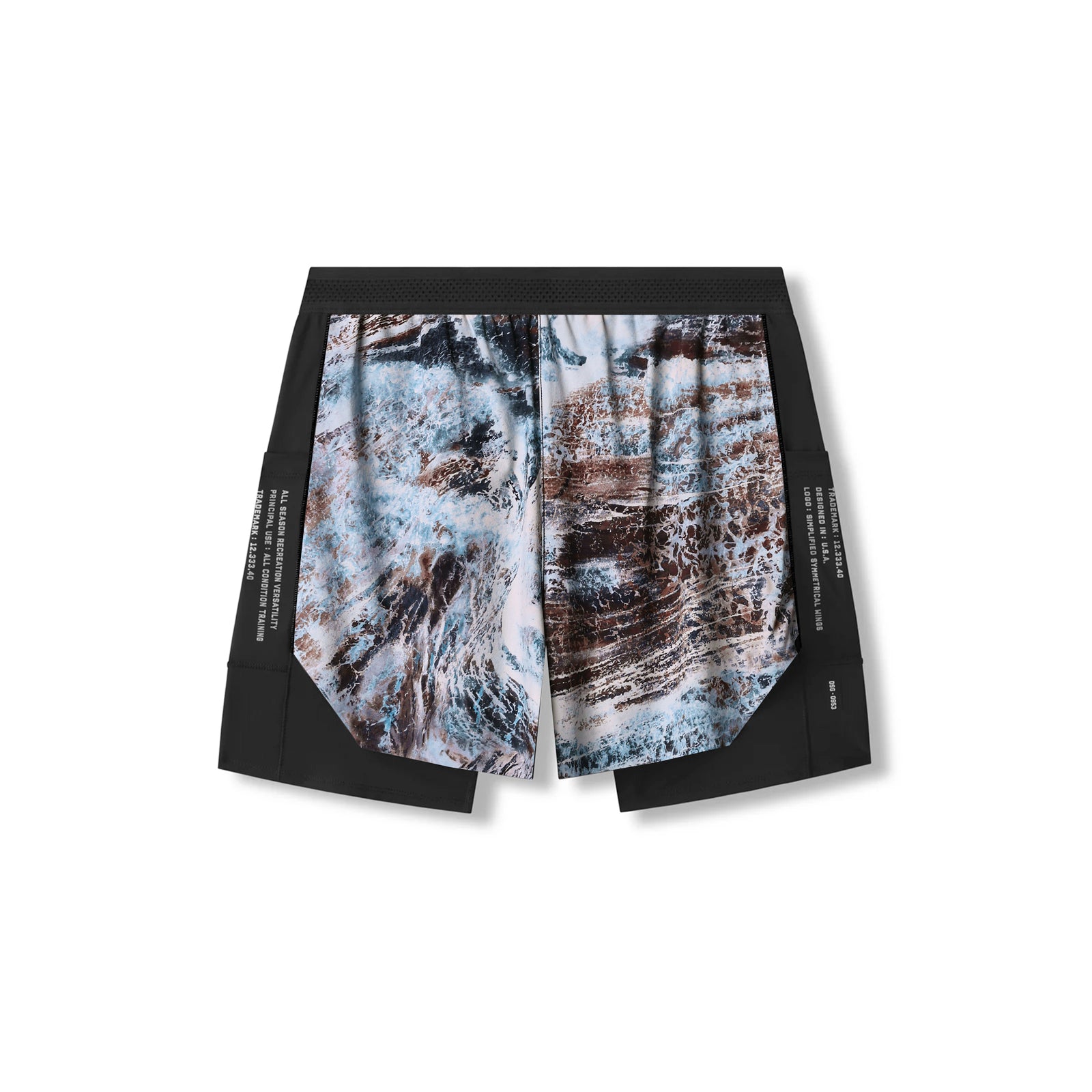 flatlay Aerotex Hybrid Liner Short in black with Realtree Aspect camo print, front view