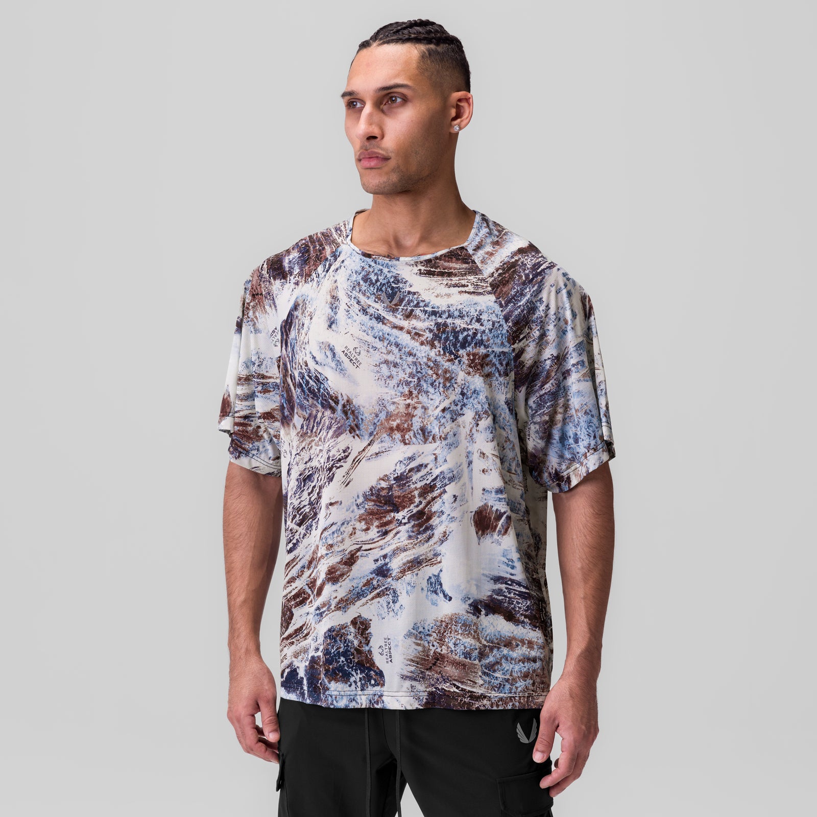Ice-Skin Oversized Tee in white/blue/brown Realtree print, worn by model, front view