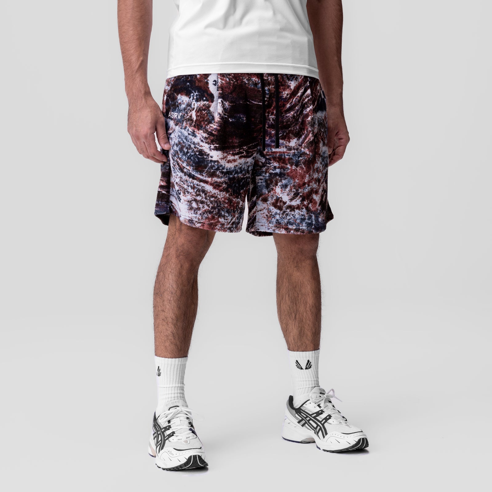 Towel Terry Relaxed Short in burgundy camo, modeled with white socks and sneakers