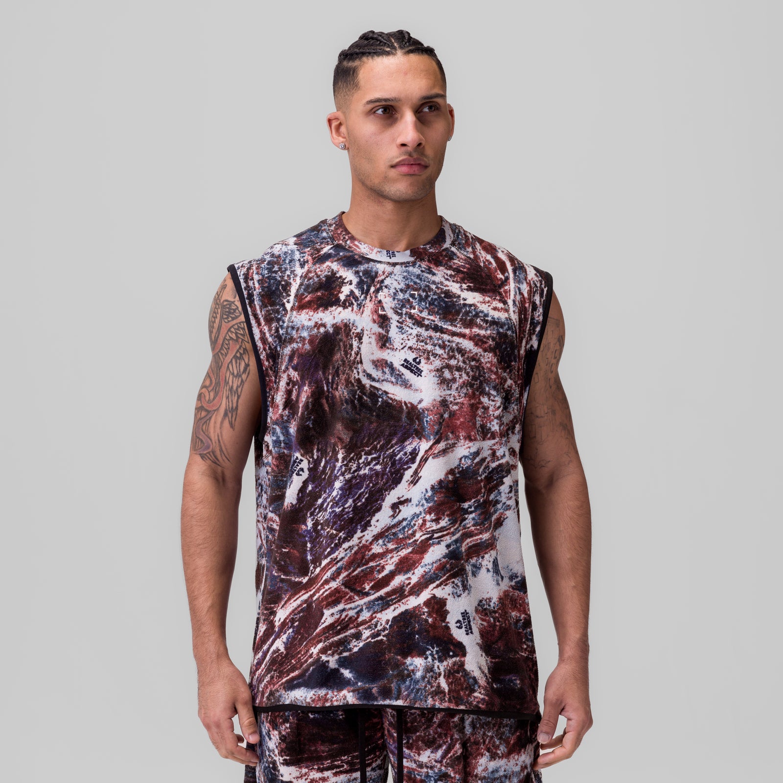 Towel Terry Cutoff sleeveless tank in burgundy/white marble print, front view on model