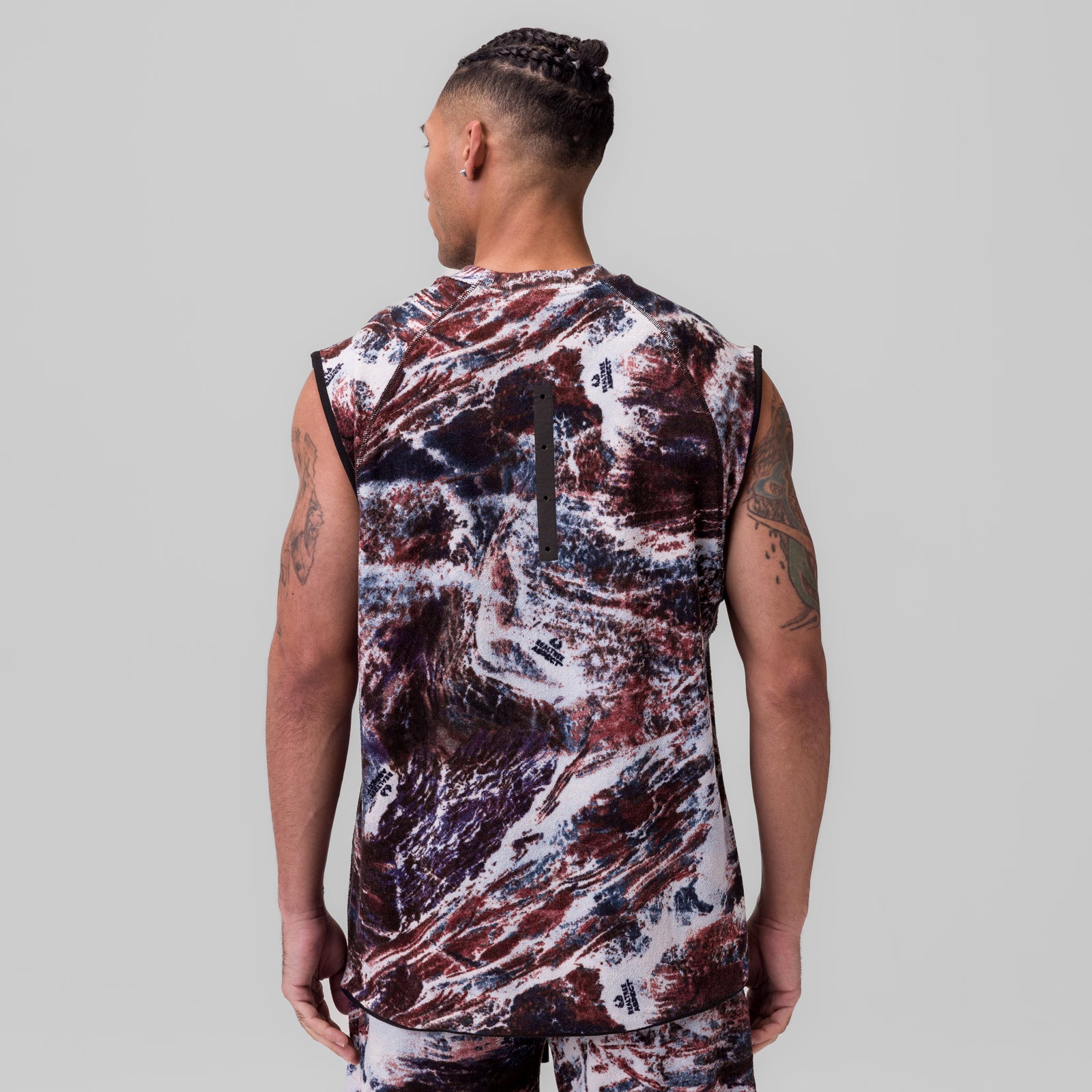 Towel Terry Cutoff sleeveless tank in burgundy/white camo, back view on model