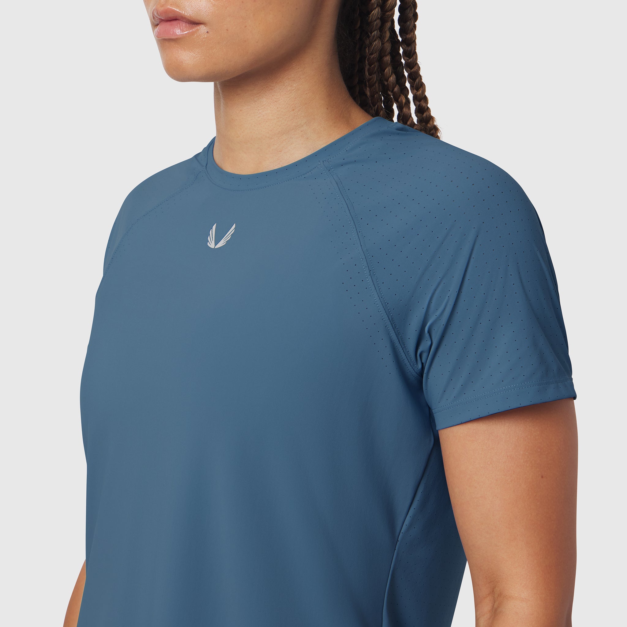 Women's Laser-Vent Established Tee in storm blue, worn by model, front view