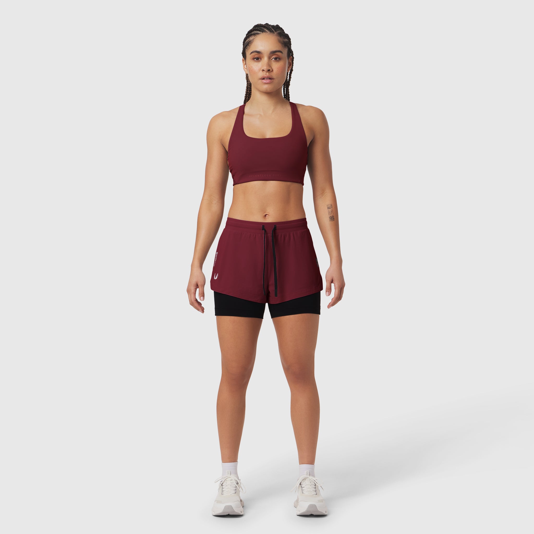 Tetra-Lite Liner Short in Crimson worn with matching sports bra, front view