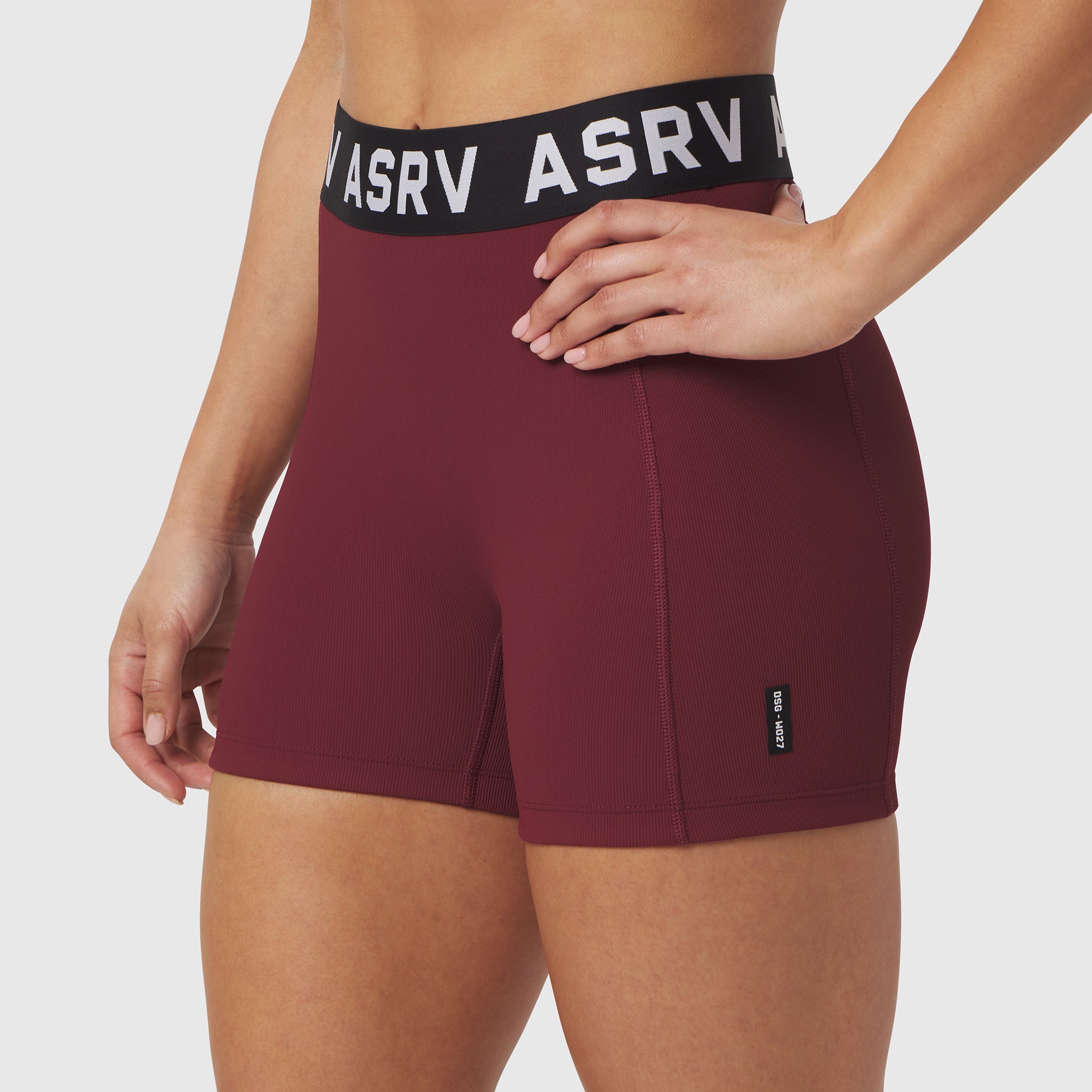 ASRV Lycra Ribbed Short in crimson, worn by model, front view