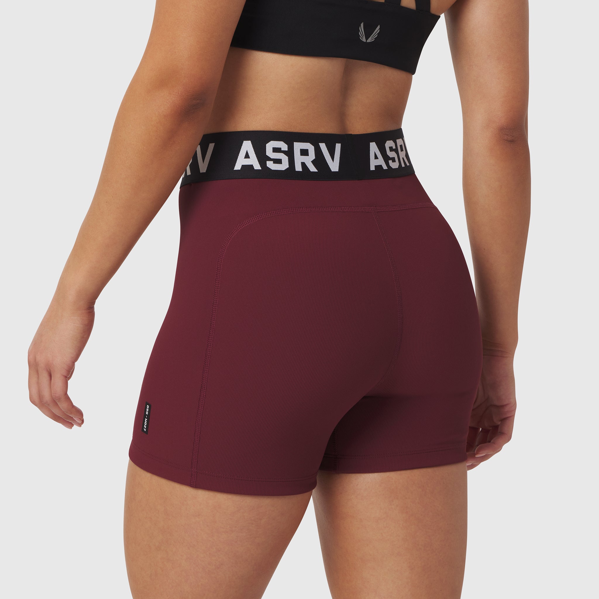 ASRV Lycra Ribbed Short in crimson worn by model, back view