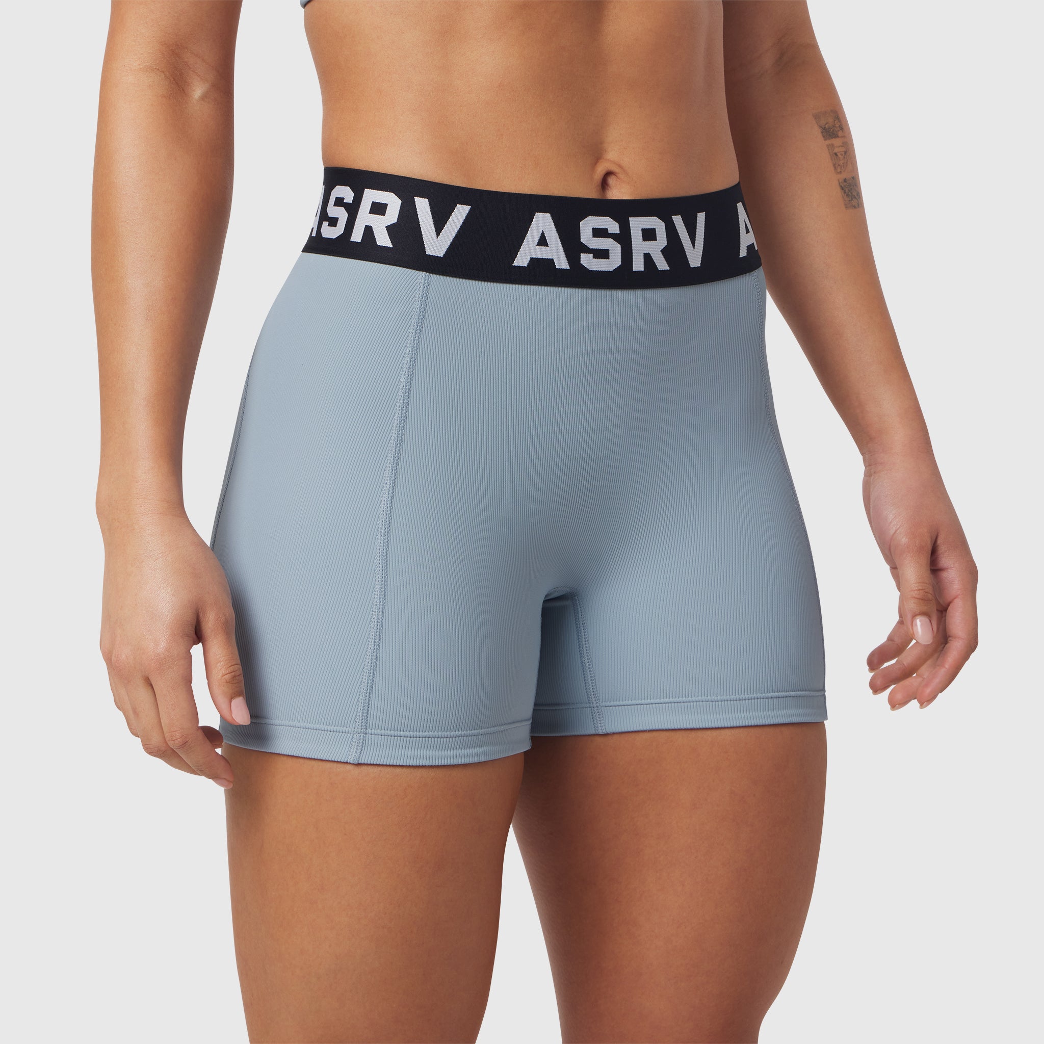ASRV Lycra Ribbed Short in light sky, worn by model, front view